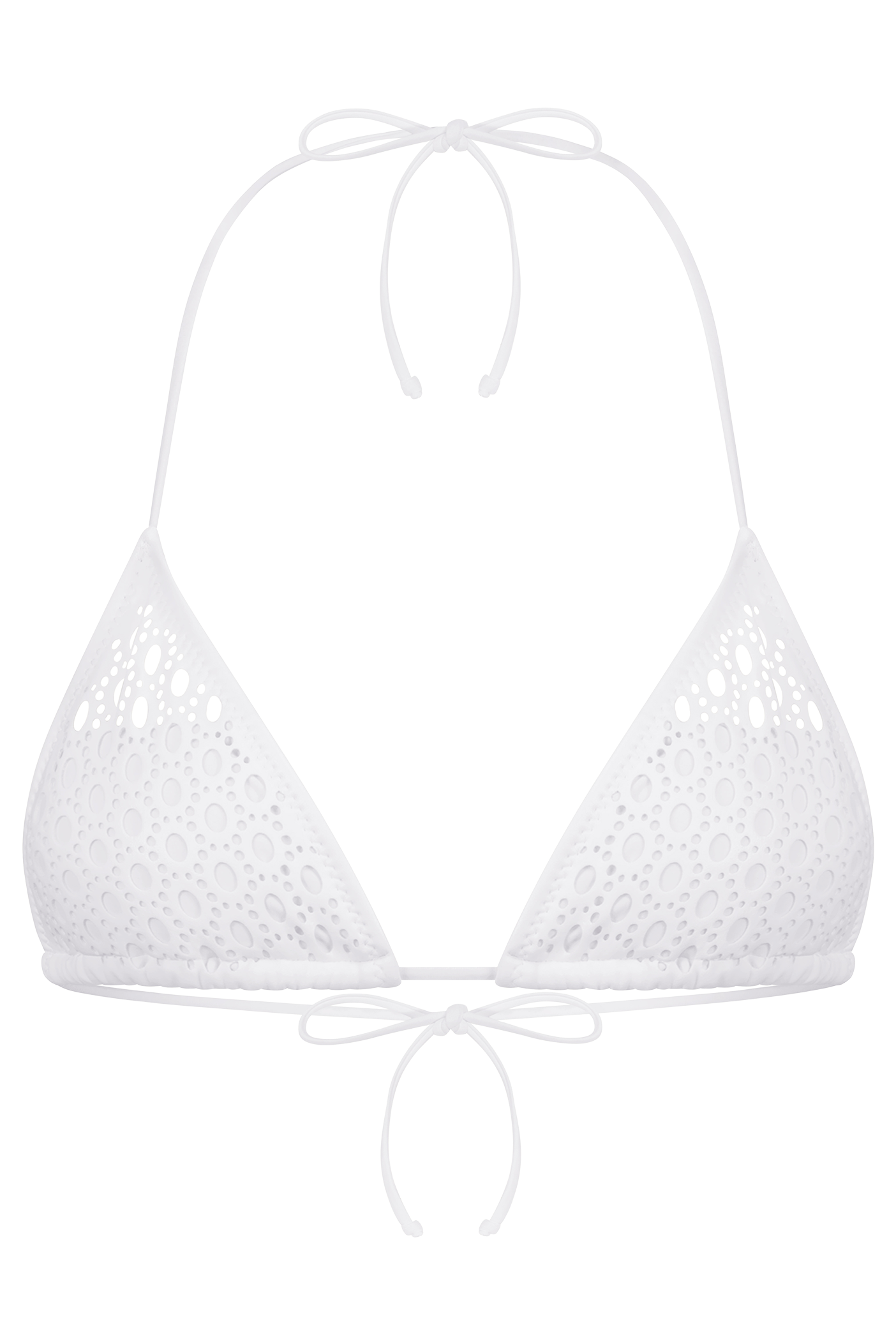 The Brooke Top by Gigi C Bikinis is a white lace bikini top with a triangle silhouette and adjustable neck and back ties, featuring circular patterns for an airy look. It includes removable bust pads for versatility, contrasting beautifully against a solid black background.