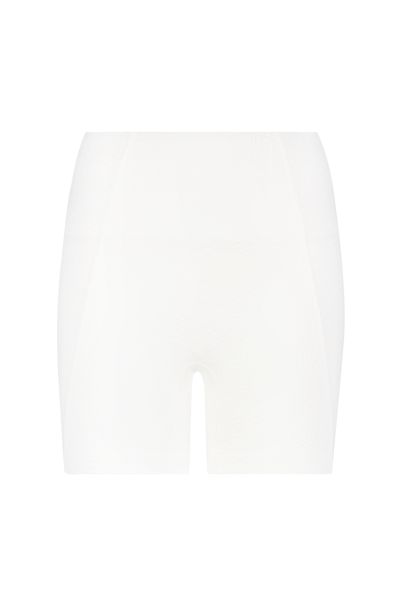 The Mila Short by Gigi C Sport are white seamless compression shorts that provide a smooth, comfortable fit. Featuring a subtle faux snakeskin texture, these shorts offer both support and flexibility, perfect for sports or casual wear. Photographed on a plain white background.