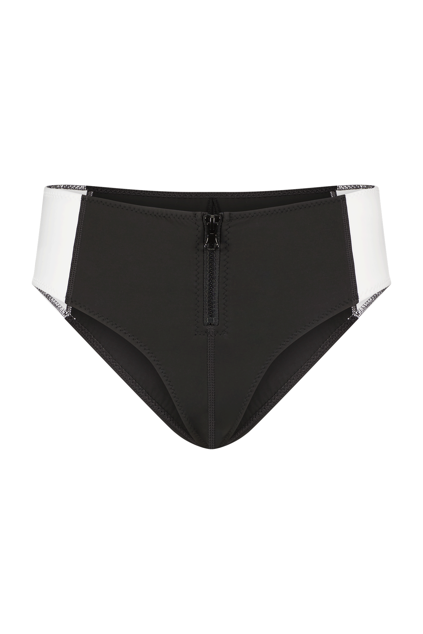 The Bianca Short-inspired bikini bottom from Gigi C Bikinis features a black and white color-block design with a central front zipper, cheeky coverage, contrasting sides in white, and sleek black fabric with visible stitching.