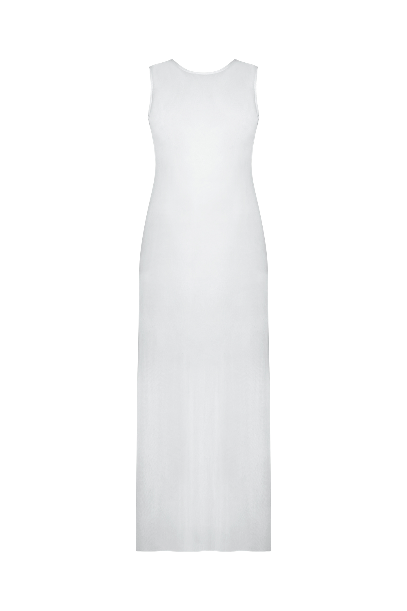 The Terri Mesh Coverup by Gigi C Bikinis is a long, sleeveless white dress with an elegant design made from silky-soft mesh fabric. It has a fitted silhouette, full length, and a subtle A-line shape that adds allure to its smooth texture.