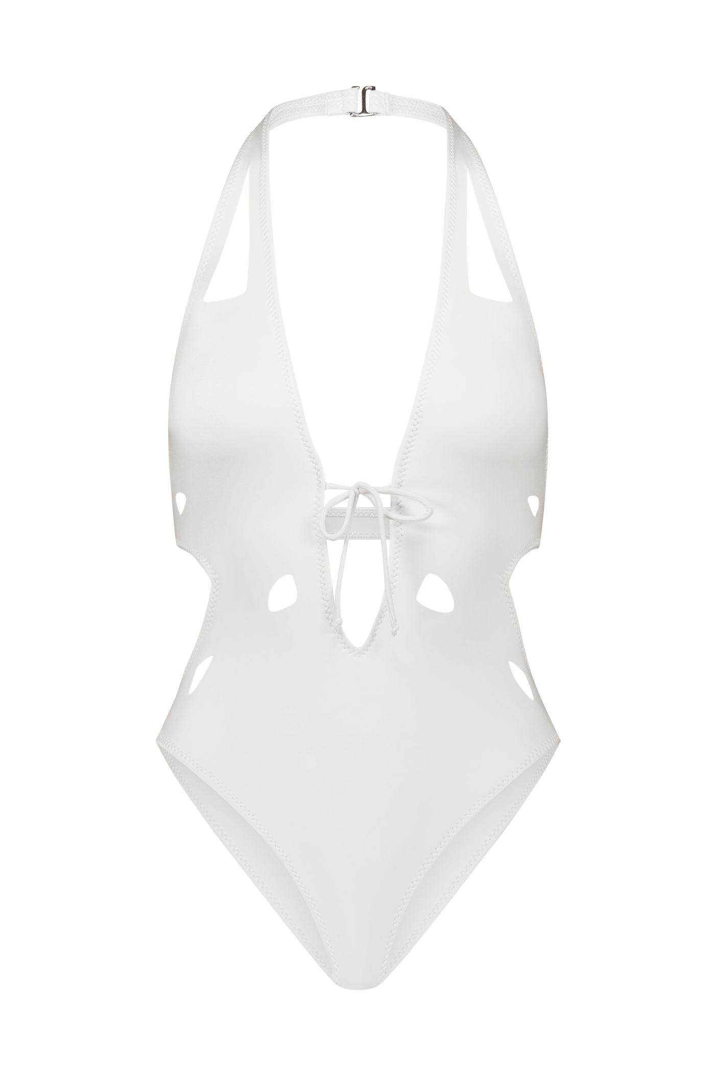 The Charlie Plunging One-Piece by Gigi C Bikinis is a white halter swimsuit with a deep V neckline, side cut-outs, cheeky coverage, a front tie, and a secure back clasp.