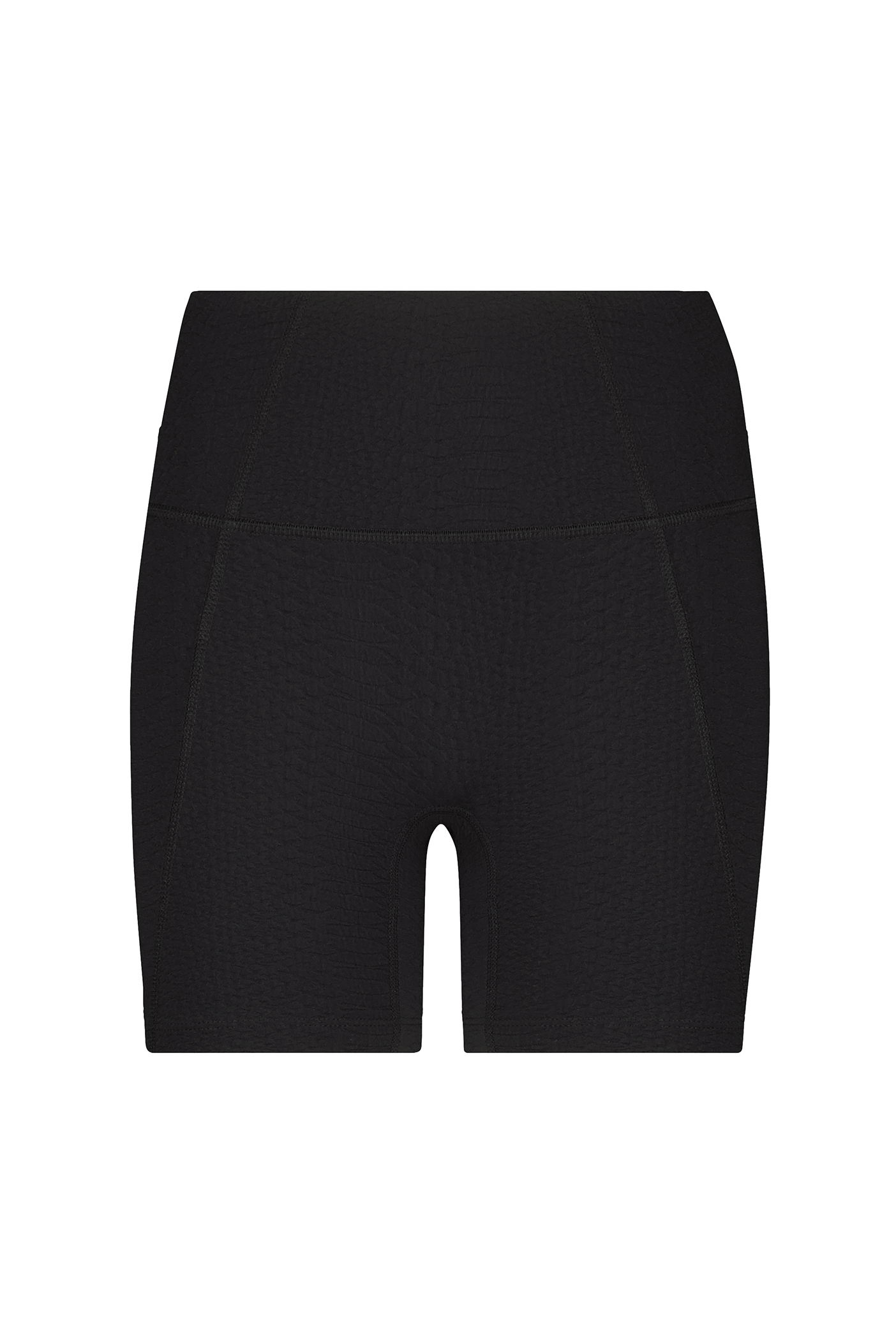 Mila Short by Gigi C Sport: Black high-waisted biker shorts crafted with textured faux snakeskin fabric, featuring flat seams and a snug fit that extends to mid-thigh.