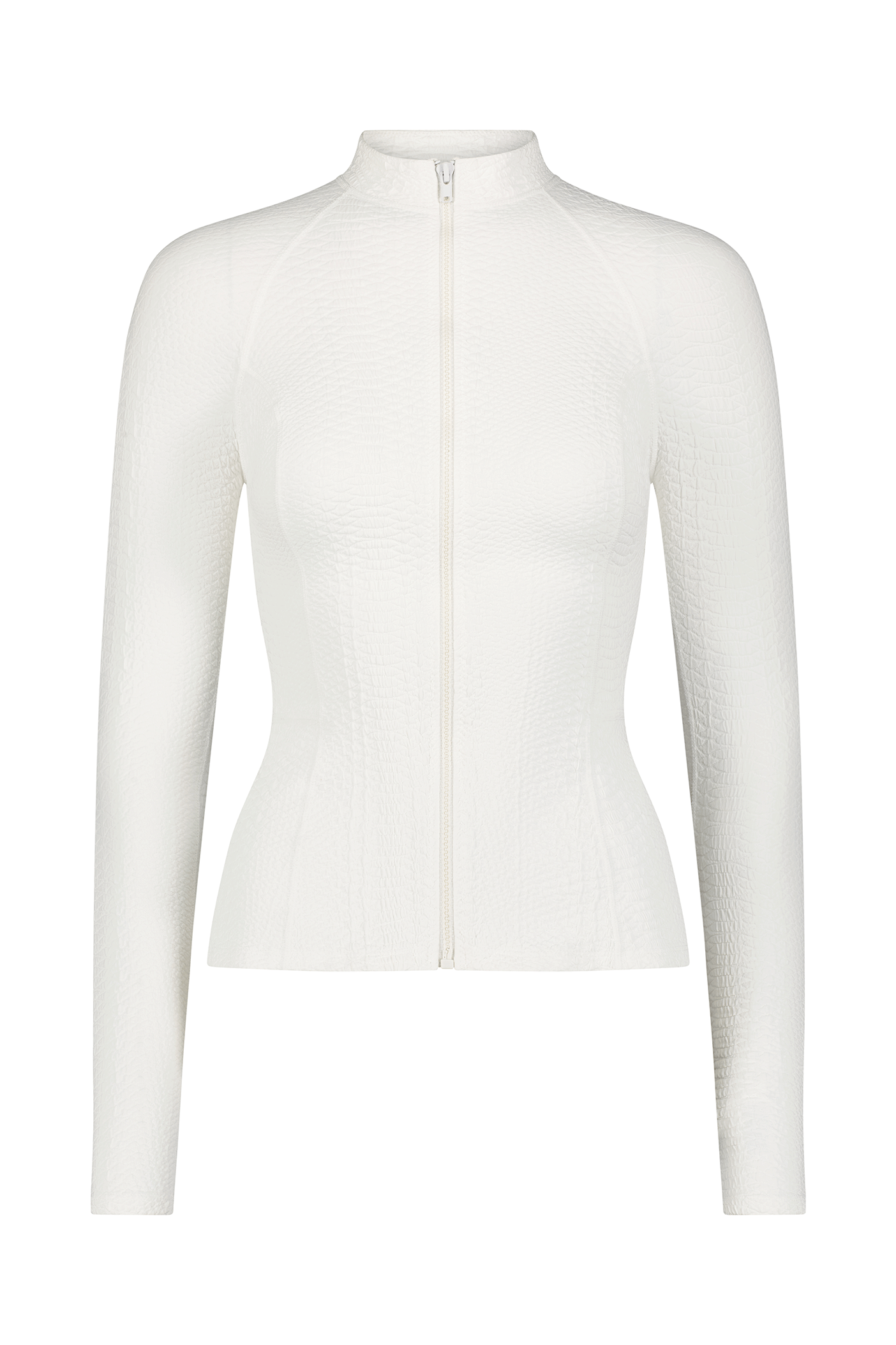 The Natasha Jacket by Gigi C Sport features long sleeves, a textured faux snake pattern, and a front zipper extending to a high collar. It crafts a fitted silhouette that beautifully accentuates the waist.