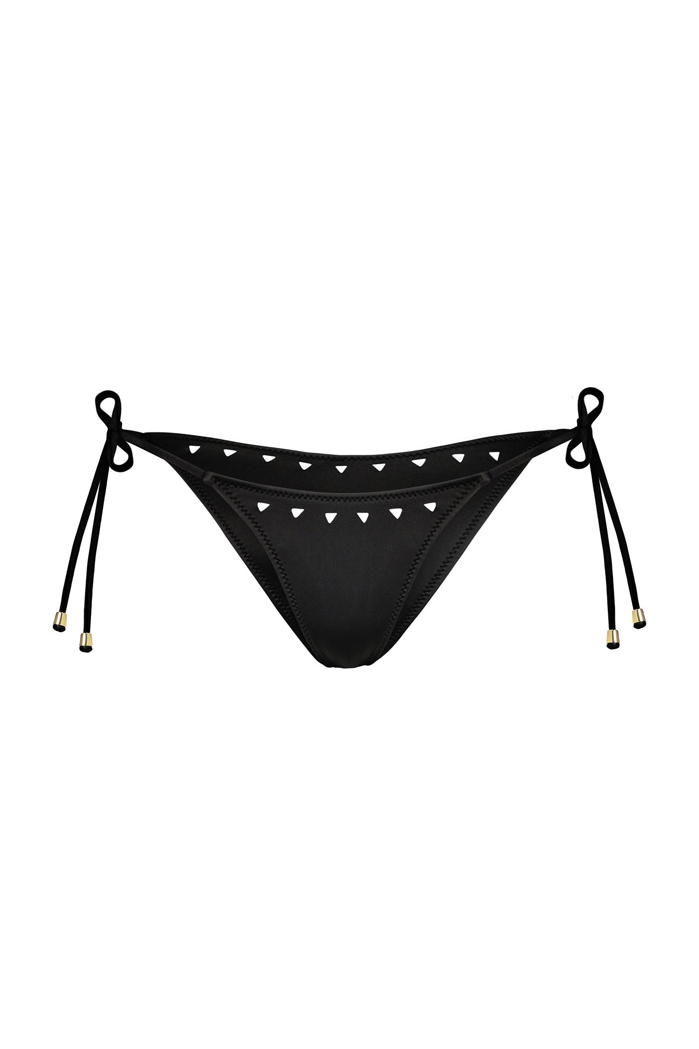 Gigi C Bikinis Christina Tie Side Bottoms feature black fabric with side ties, gold accents, and a subtle white triangle pattern on the waistband for minimal coverage and a chic beach look.