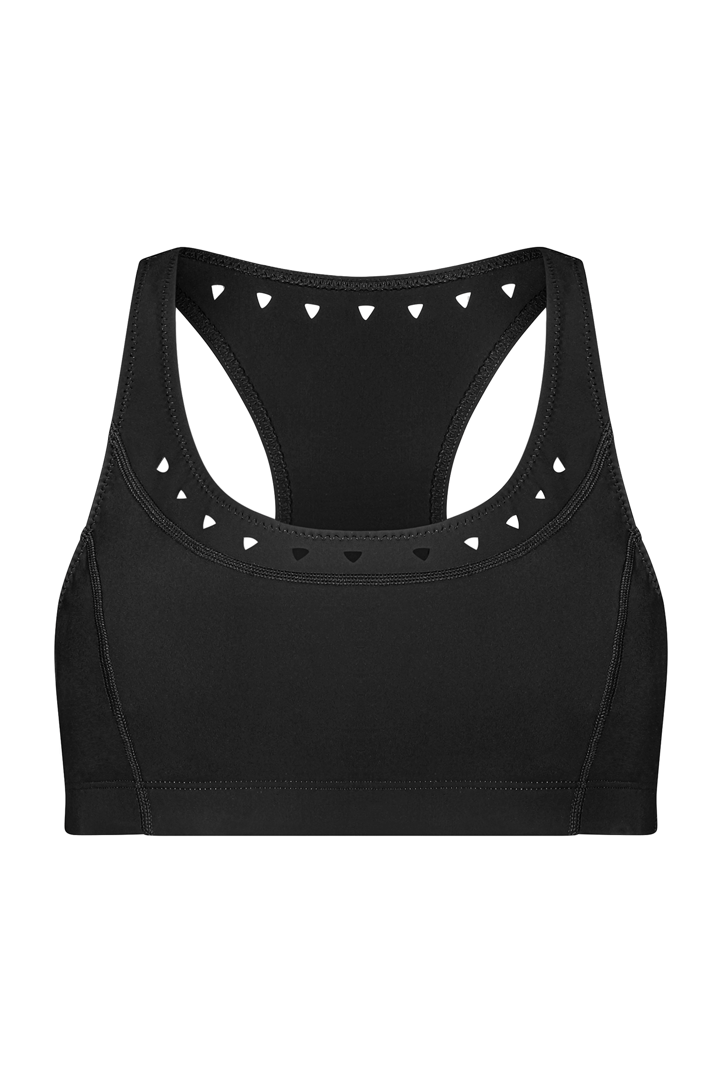 Introducing the Annabelle Bra Top by Gigi C Sport: A sleek black sports bra featuring a racerback design and stylish triangular cutouts at the neckline. Crafted from breathable knit and recycled fabric, it provides a smooth, fitted experience ideal for any athletic activity.