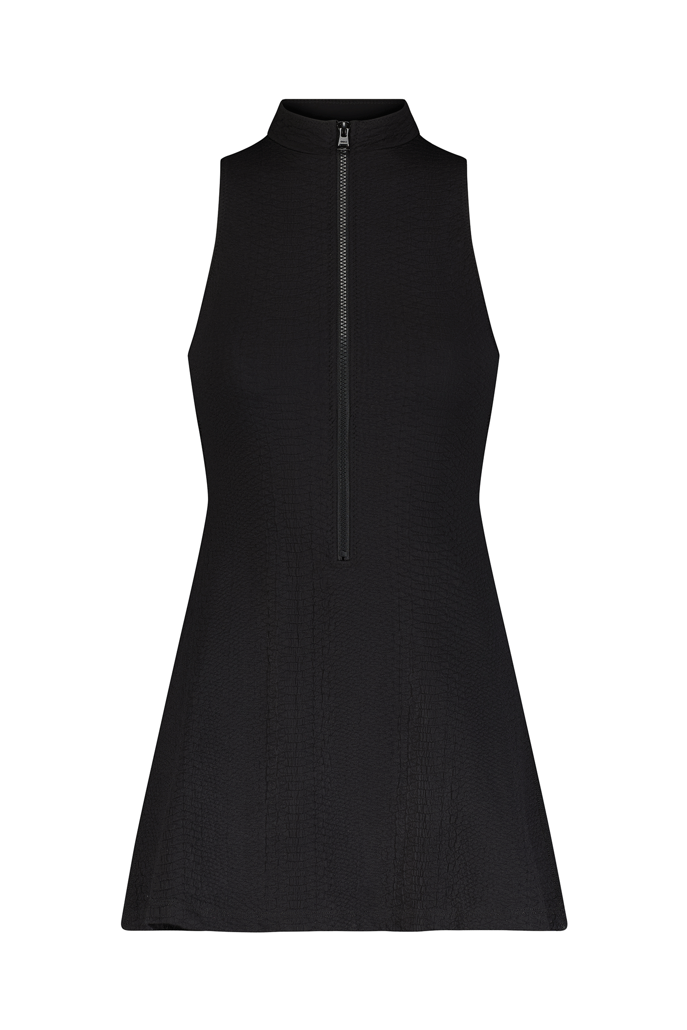 The Marcella Dress by Gigi C Sport is a sleeveless A-line dress in black, featuring a high collar and a central zipper down the chest. The fabric offers tridimensional elasticity with a subtle faux snakeskin-inspired pattern.