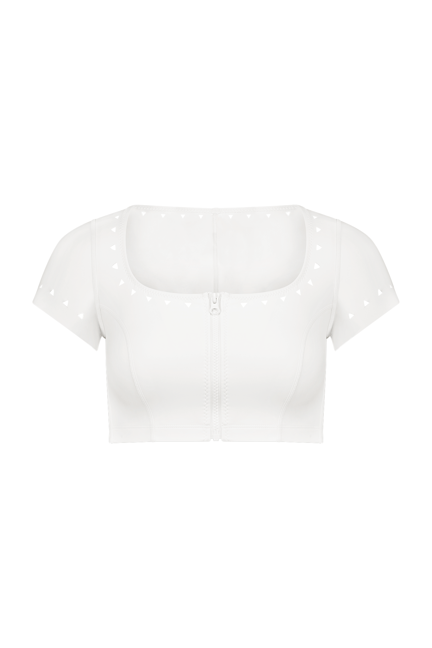 The Jennifer Crop Top by Gigi C Bikinis is a white scuba cropped top with short sleeves, a scoop neckline, decorative front zipper, and triangle cut-out patterns on the neckline and sleeves for added style.