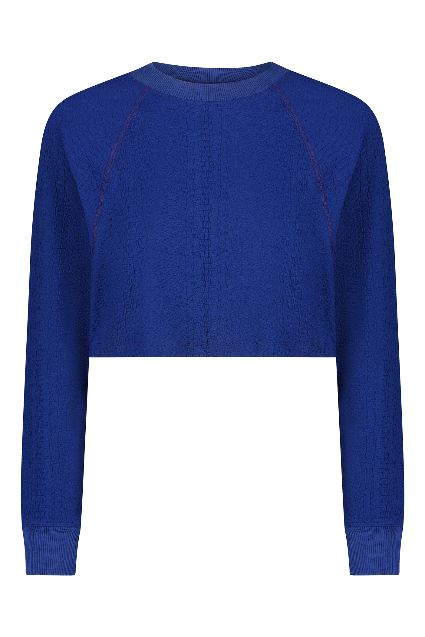 Discover the Isabella Pullover by Gigi C Sport: a cropped, long-sleeve sweater in vibrant blue featuring a textured pattern. Its loose fit and round neckline provide comfort, ribbed cuffs add style, and the slightly raised fabric texture enhances its unique design.