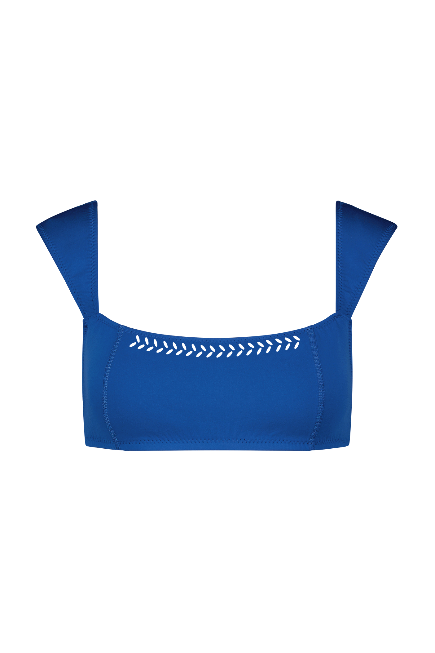 The Tabitha Top from Gigi C Bikinis is a vibrant blue bikini top with wide shoulder straps and decorative laser cutouts along the front neckline, set against a plain white background.