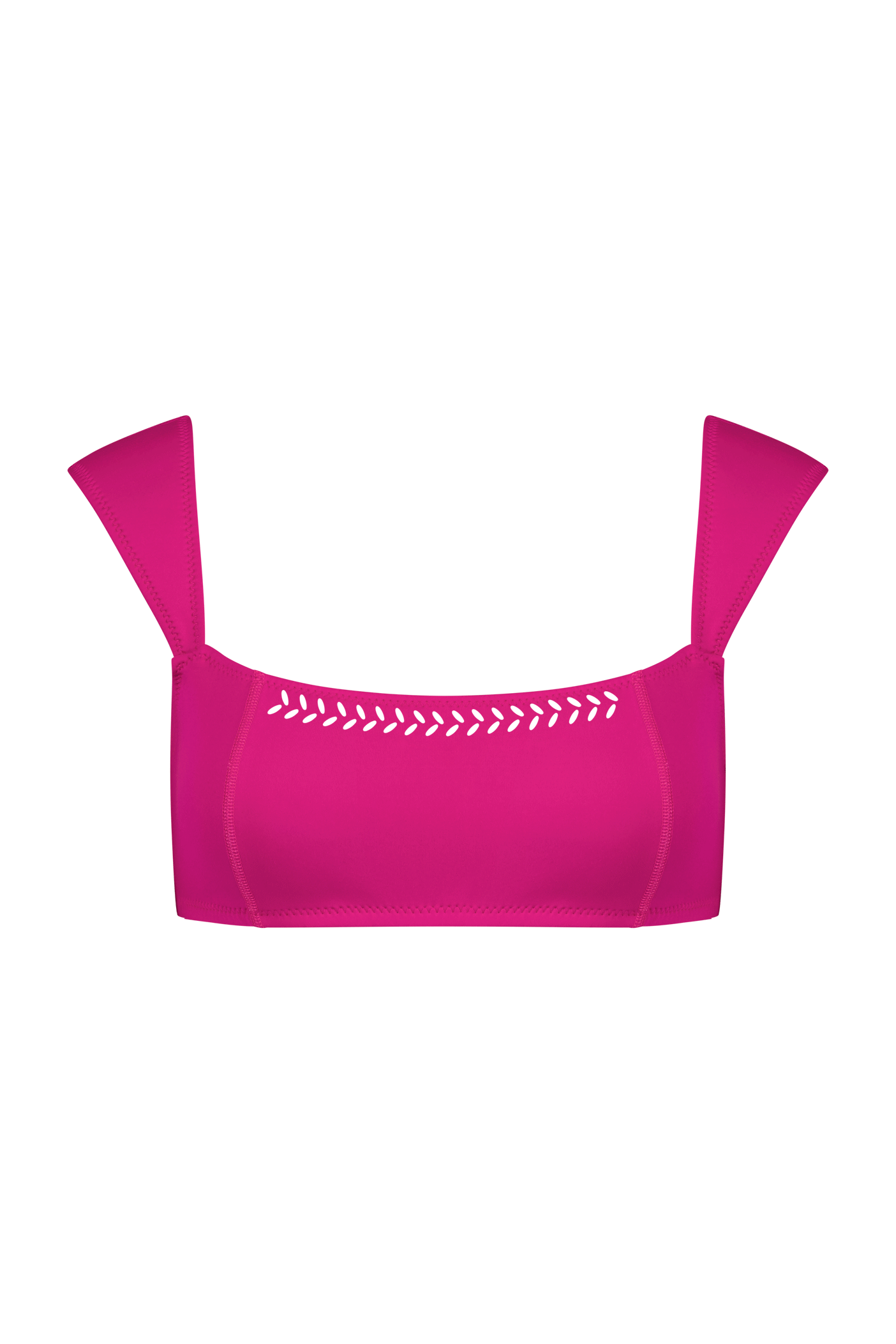 The Tabitha Top by Gigi C Bikinis is a vibrant pink bikini top with wide shoulder straps and zigzag laser-cutouts along the neckline, ideal for pairing with high-waist bottoms to create a simple yet bold beach look.