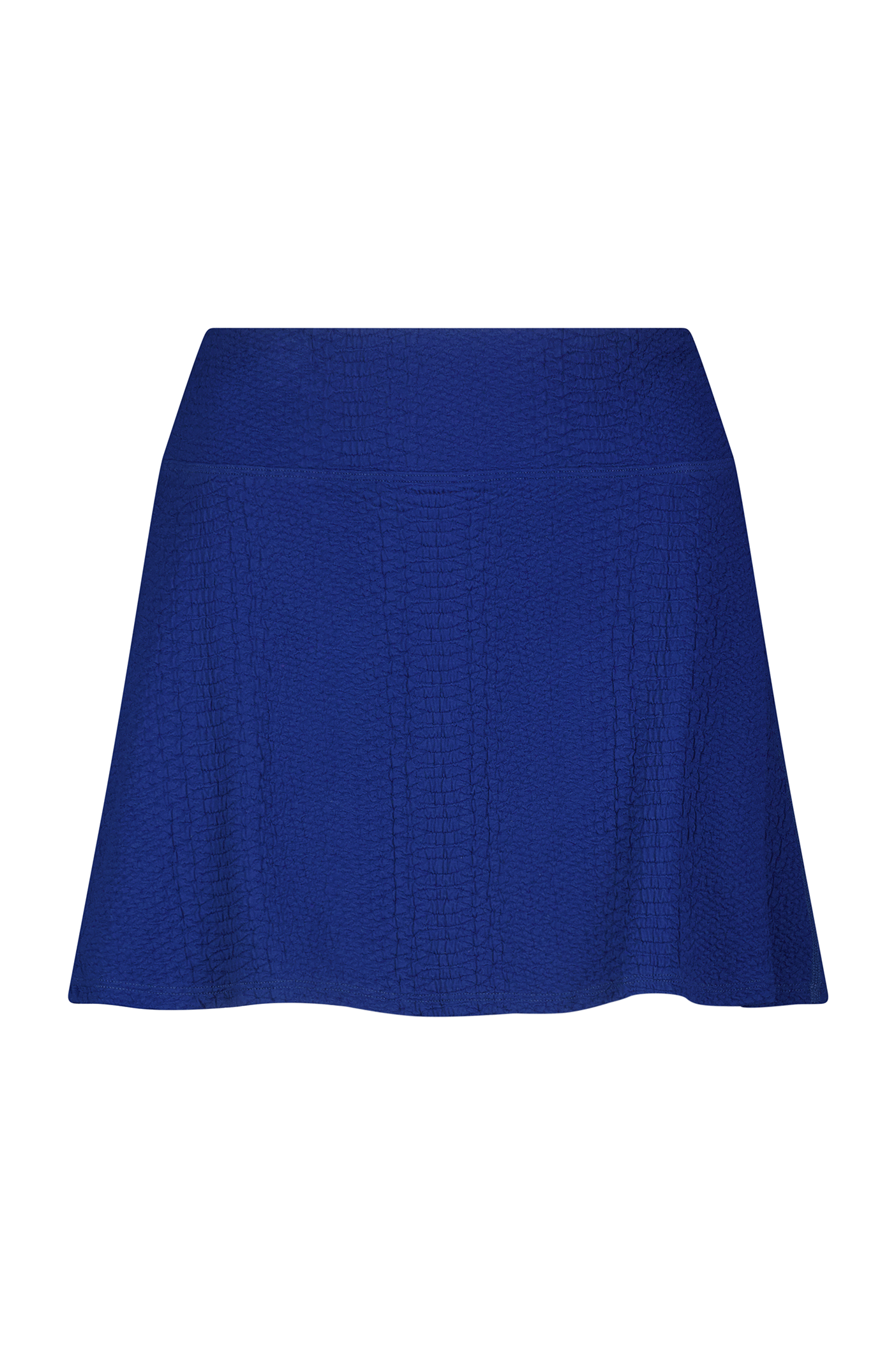 A bright blue, textured A-line Heidi Skirt by Gigi C Sport with a wide waistband is displayed on a white background.