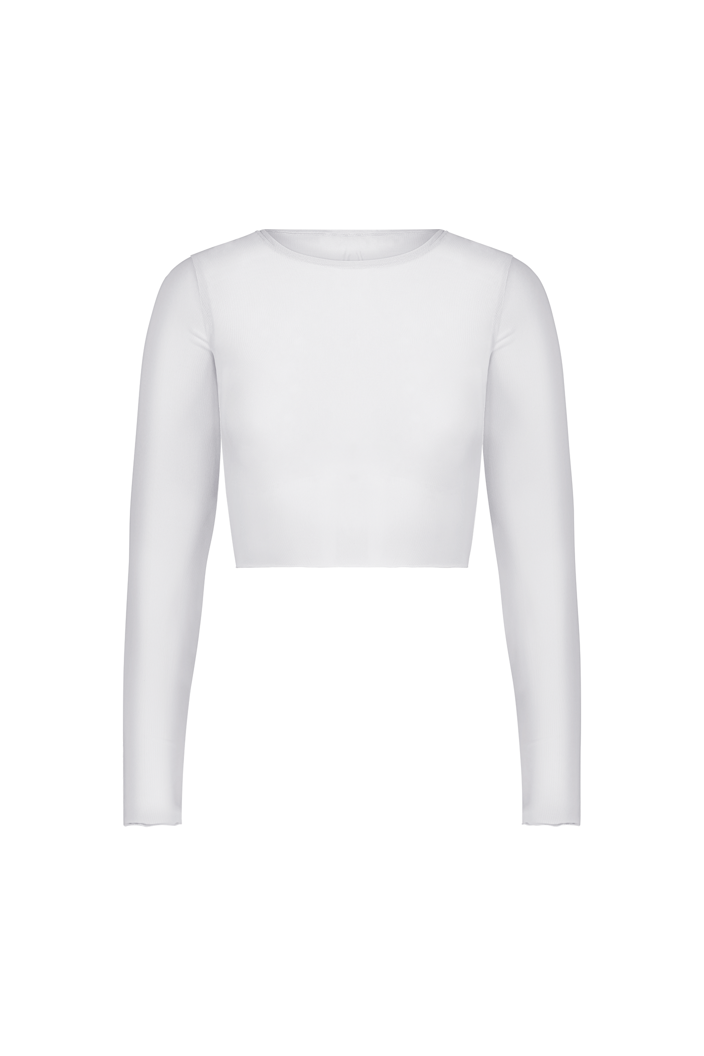 The Caroline Mesh Crop Top by Gigi C Bikinis features a white long-sleeve design with a round neckline, offering a sleek cropped silhouette. The fabric is smooth and fitted against a plain background.