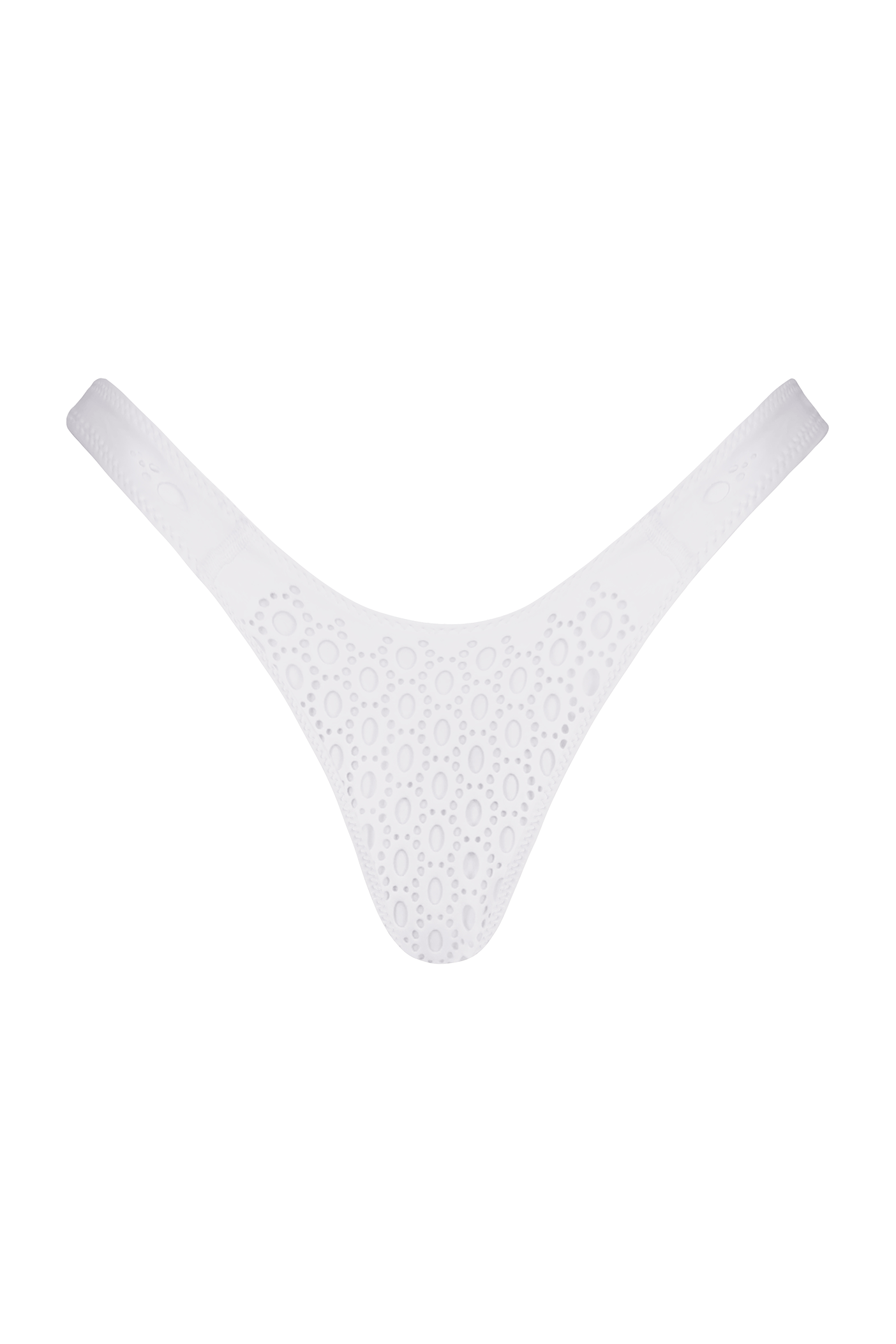 The Brooke Bottom by Gigi C Bikinis is a white V-shaped thong with high-cut legs, featuring a circular eyelet pattern for a stylish look and cheeky coverage, set against a black background.