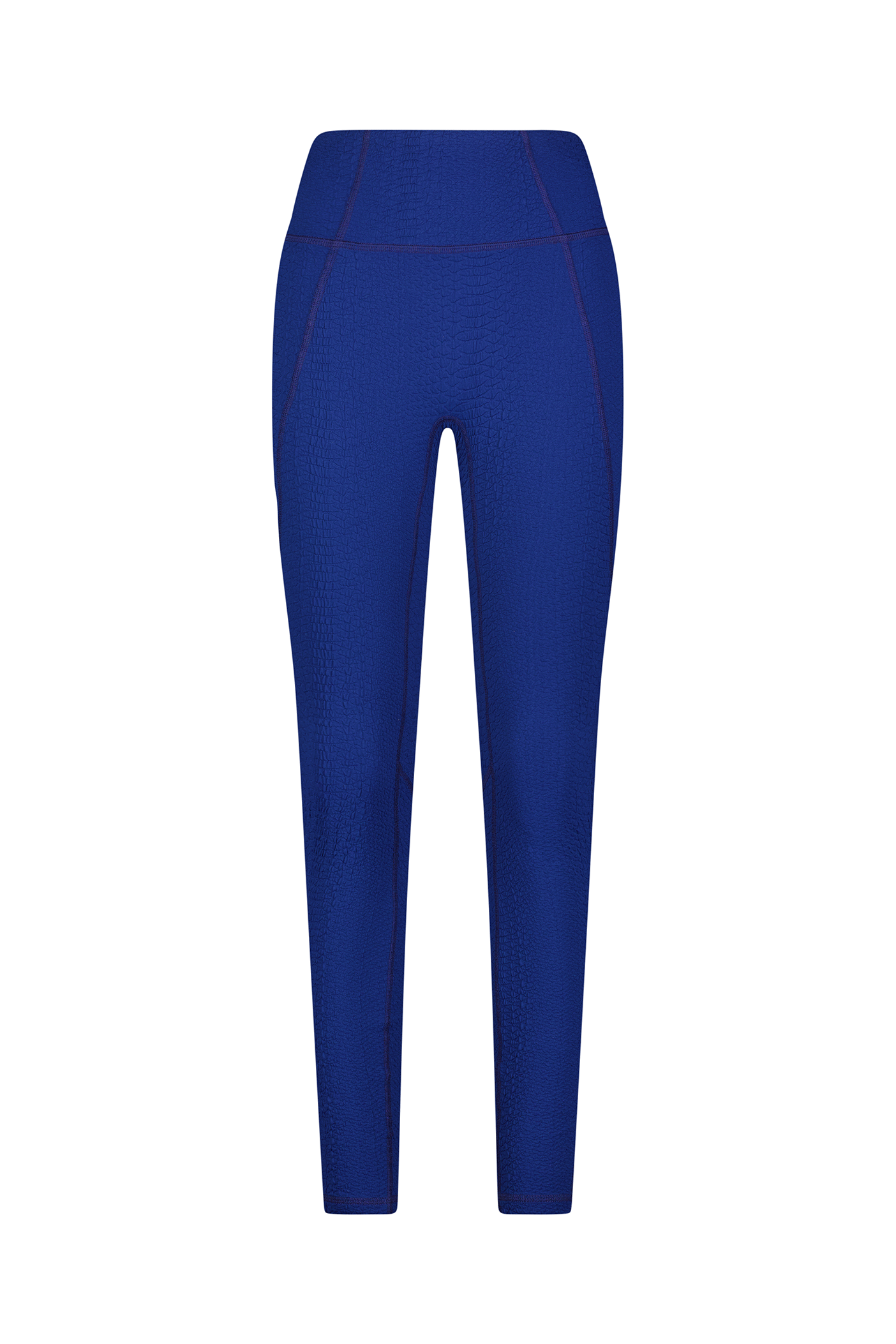 The Ava Legging by Gigi C Sport features a textured compression waffle jacquard and visible seam detailing. These blue, high-waist, fitted, full-length leggings are displayed against a plain white background to highlight their sleek design.