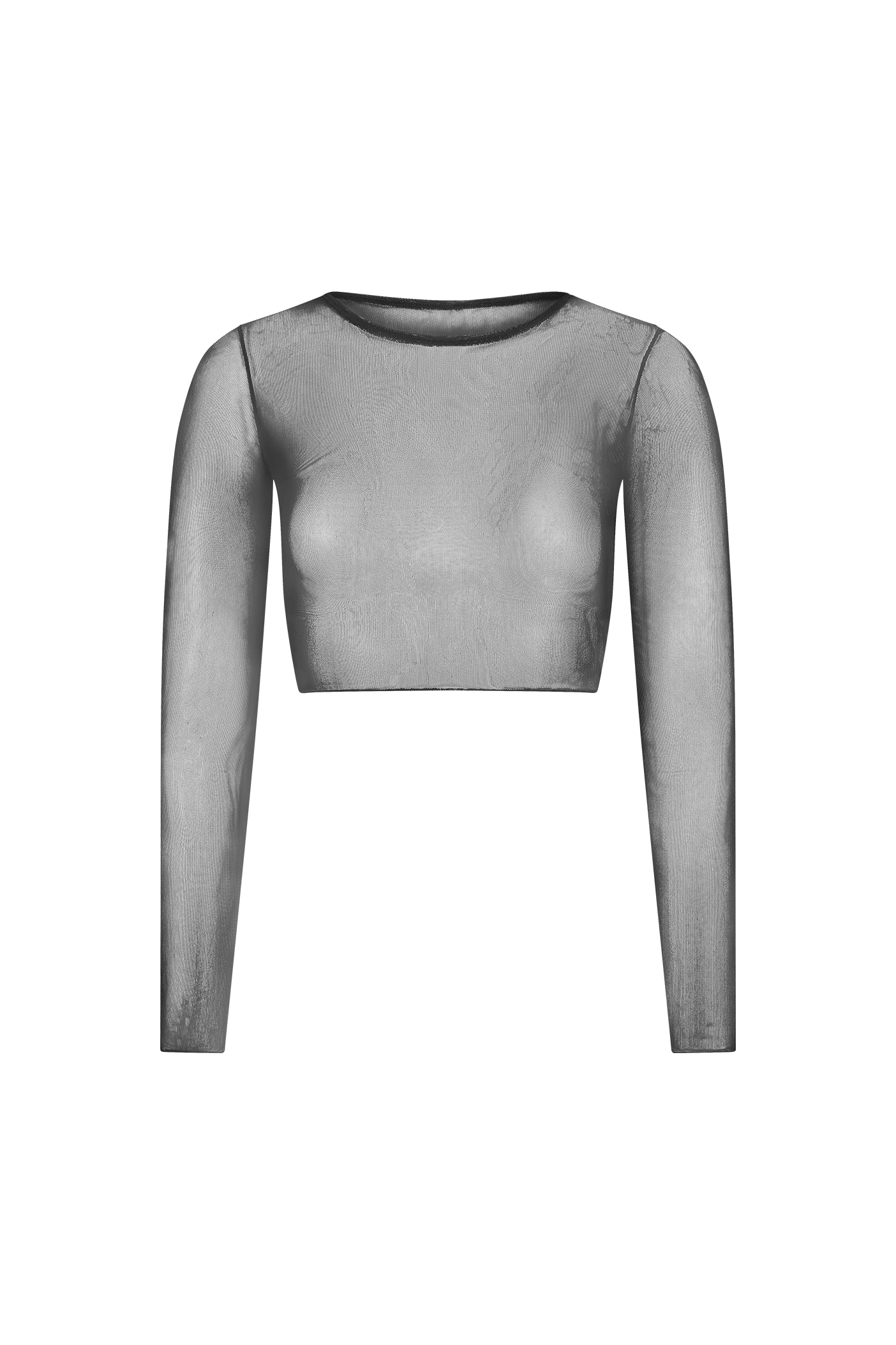 The Caroline Mesh Crop Top by Gigi C Bikinis is a sheer gray long-sleeved crop top featuring a round neckline, cropped silhouette, translucent fabric, and baby merrow hemming for a minimalist design.