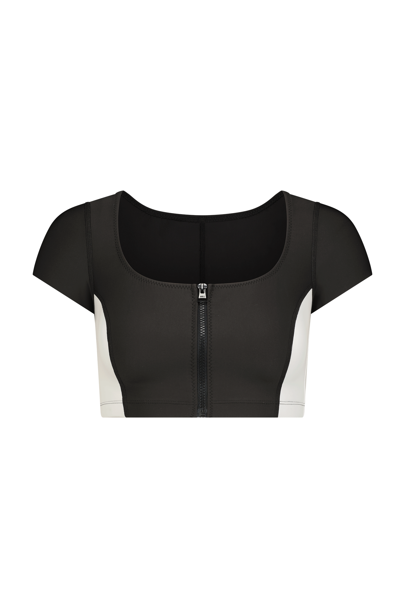 Introducing the Maci Crop Top by Gigi C Bikinis: a versatile athletic-style piece featuring a decorative front zipper, short sleeves, and a scoop neckline in black and white fashion scuba fabric, striking against the plain white backdrop.