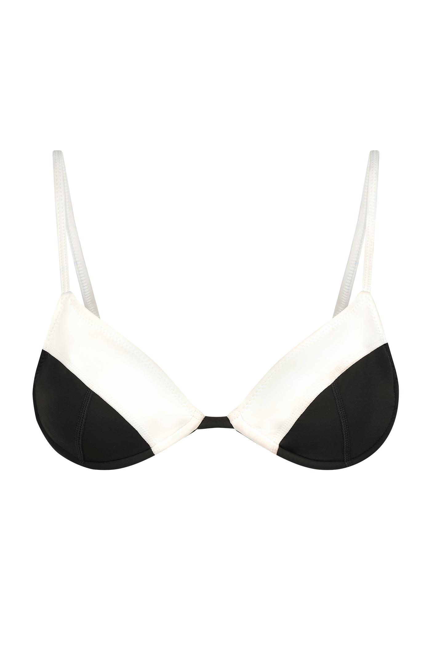 The Emerson Top by Gigi C Bikinis is a chic black and white triangle bikini top with adjustable thin straps. It features a sleek, modern color-blocking design with diagonal sections on each cup.