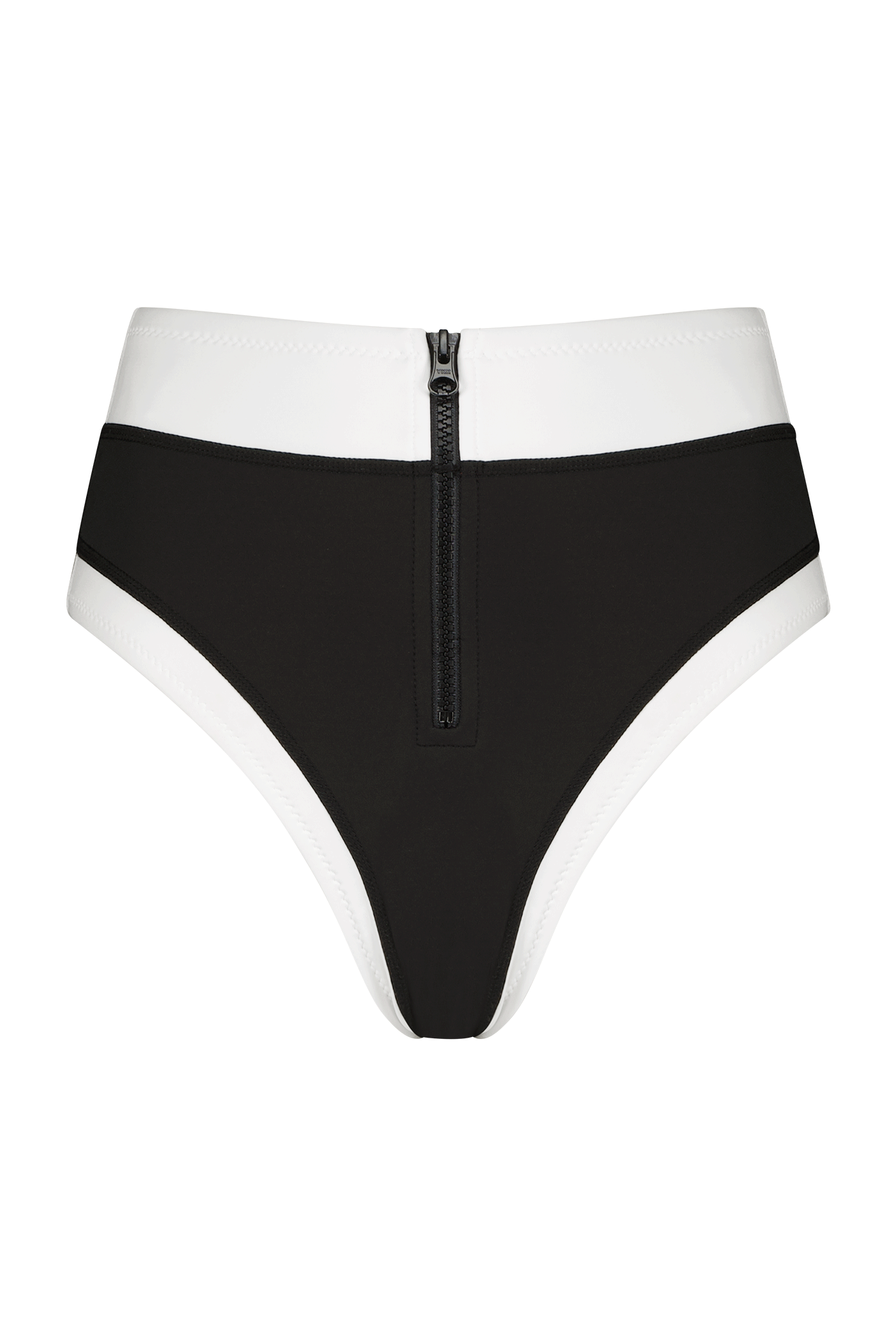 Part of the Luxe Scuba Collection, the Eddie Bottom by Gigi C Bikinis features high-waisted black bikini bottoms with ultra high-cut legs, white trim, and a stylish front zipper detail.