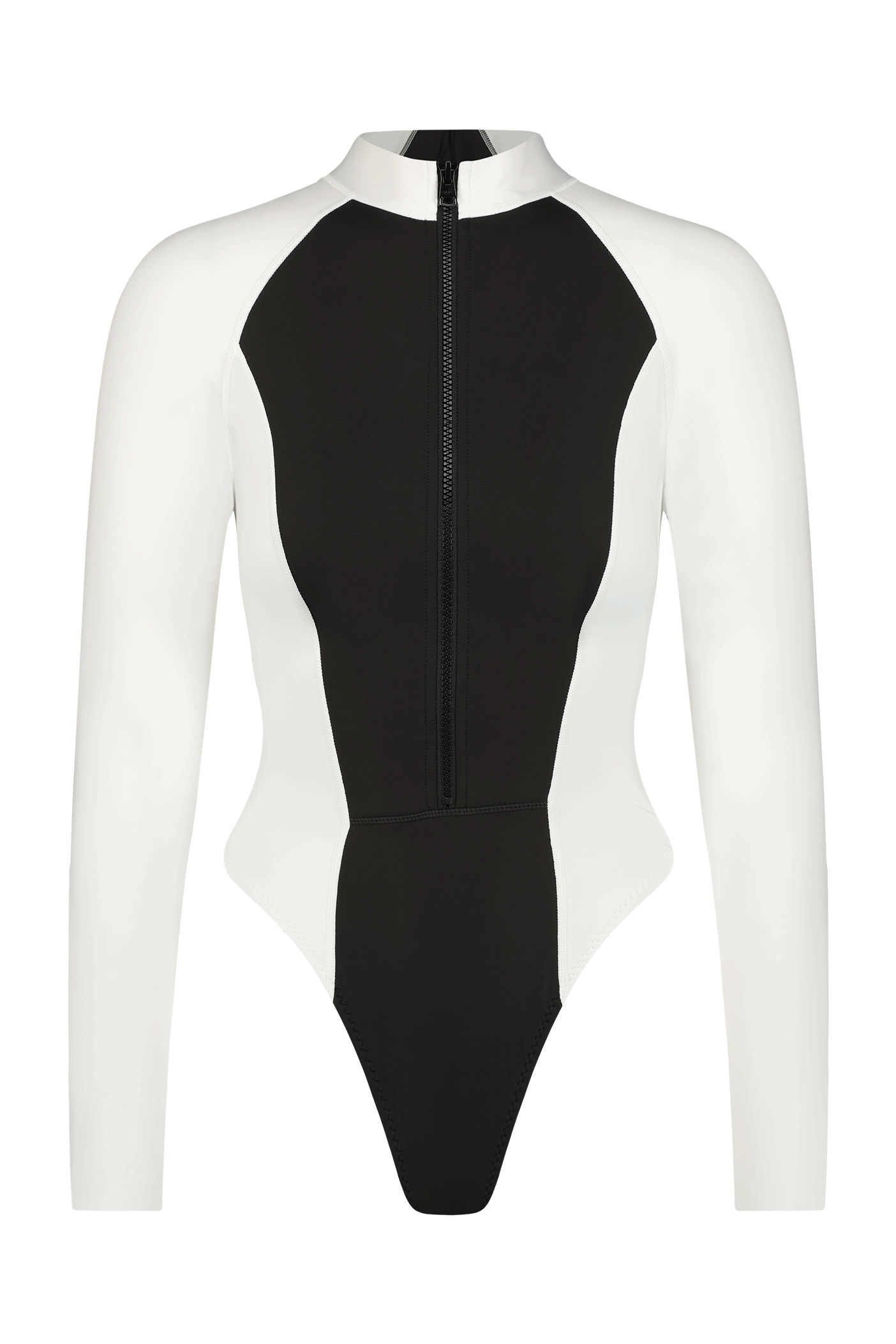 Check out the Cici Surfsuit by Gigi C Bikinis: a long-sleeved, high-neck surfsuit with a front zipper, featuring a sleek black design accented by contrasting white panels on the shoulders and sides for that stylish scuba look.