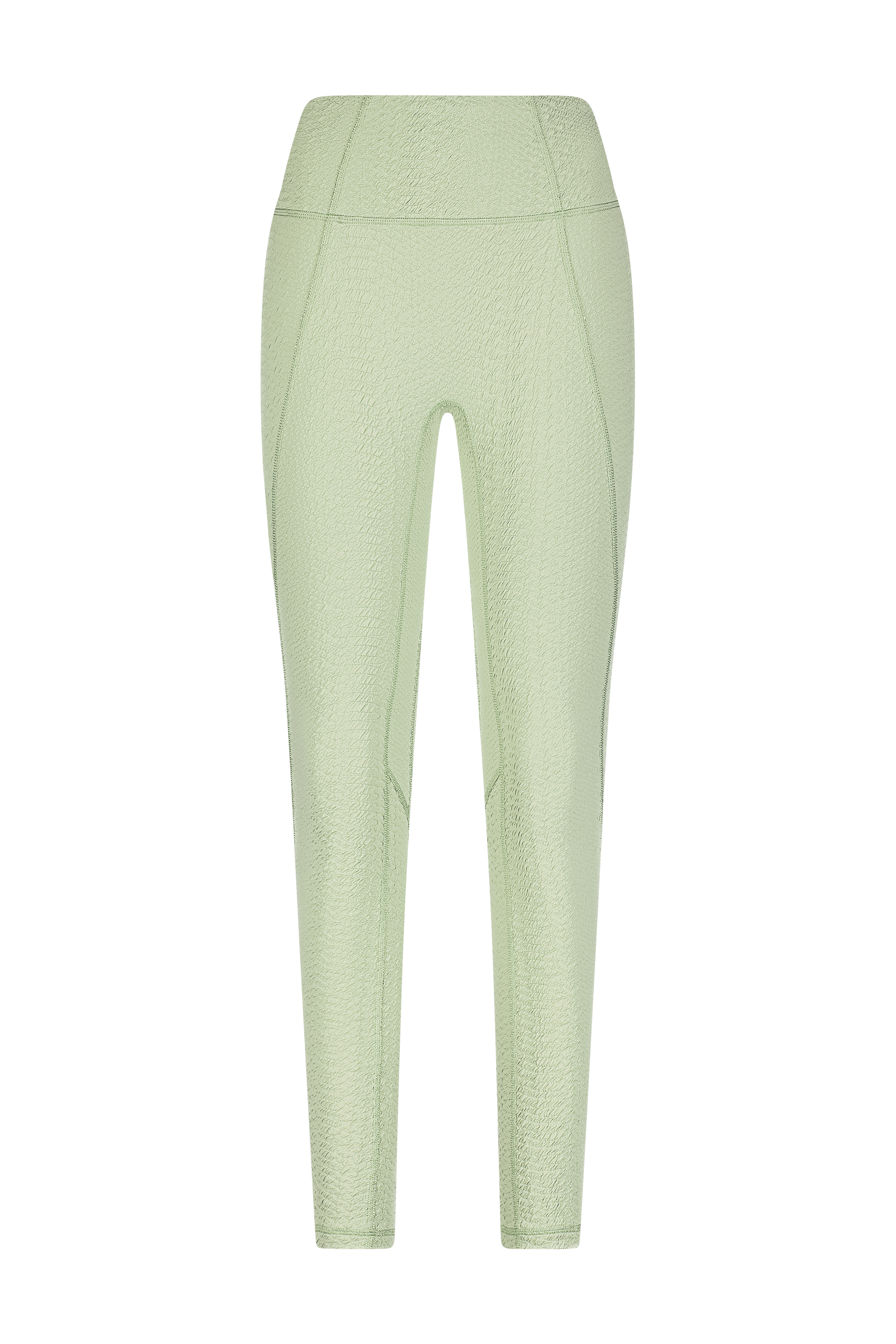 Image of the light green Ava Legging by Gigi C Sport, featuring a high waist and smooth seams with tridimensional elasticity and a subtle knitted texture, viewed from the front against a plain black background.