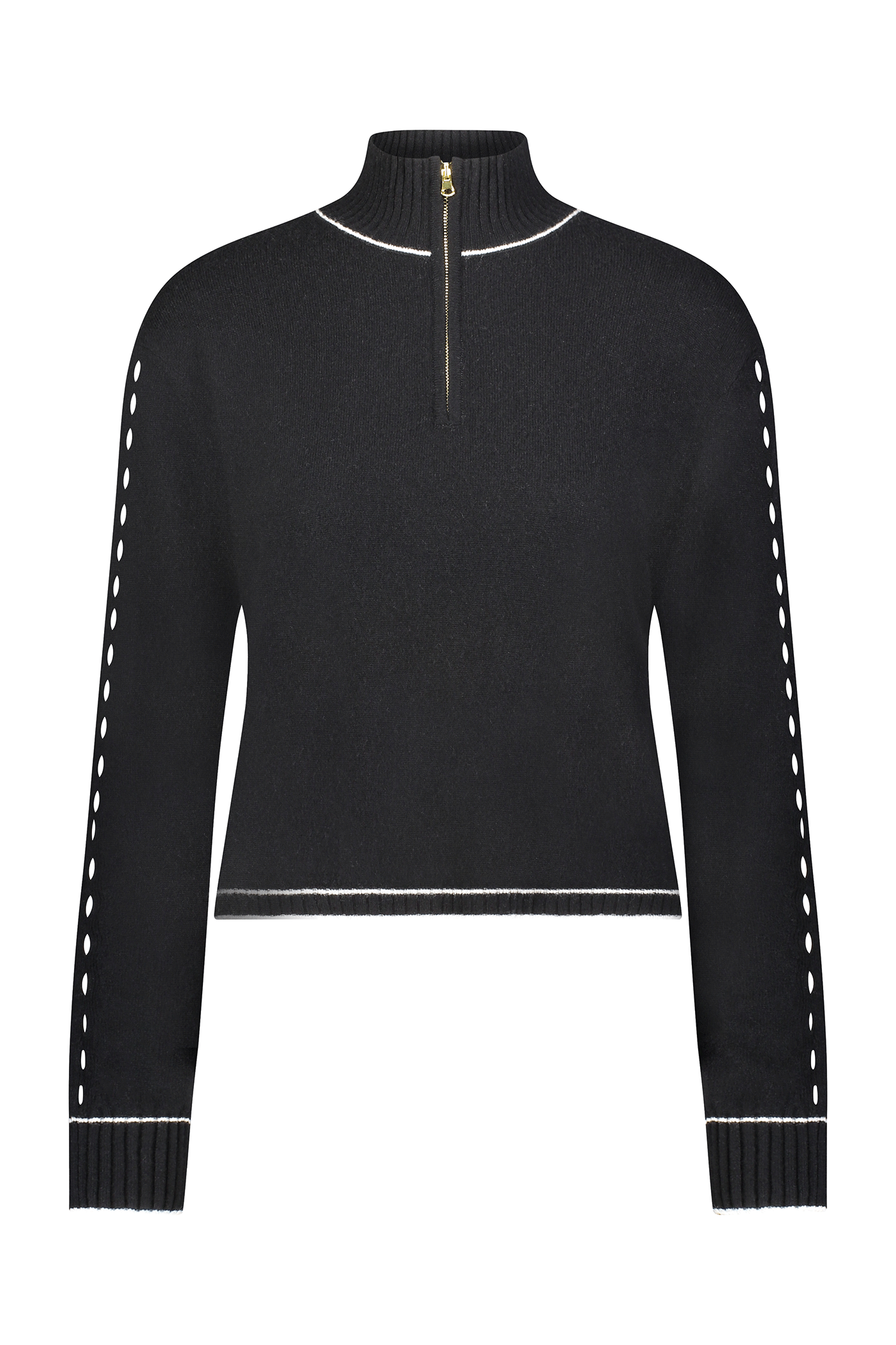 The June Sweater from Gigi C Lounge is a black long-sleeve piece featuring a gold half zipper and white trim. Made from luxurious wool and recycled cashmere, it has dotted sleeve and waist details with ribbed knit cuffs for texture.