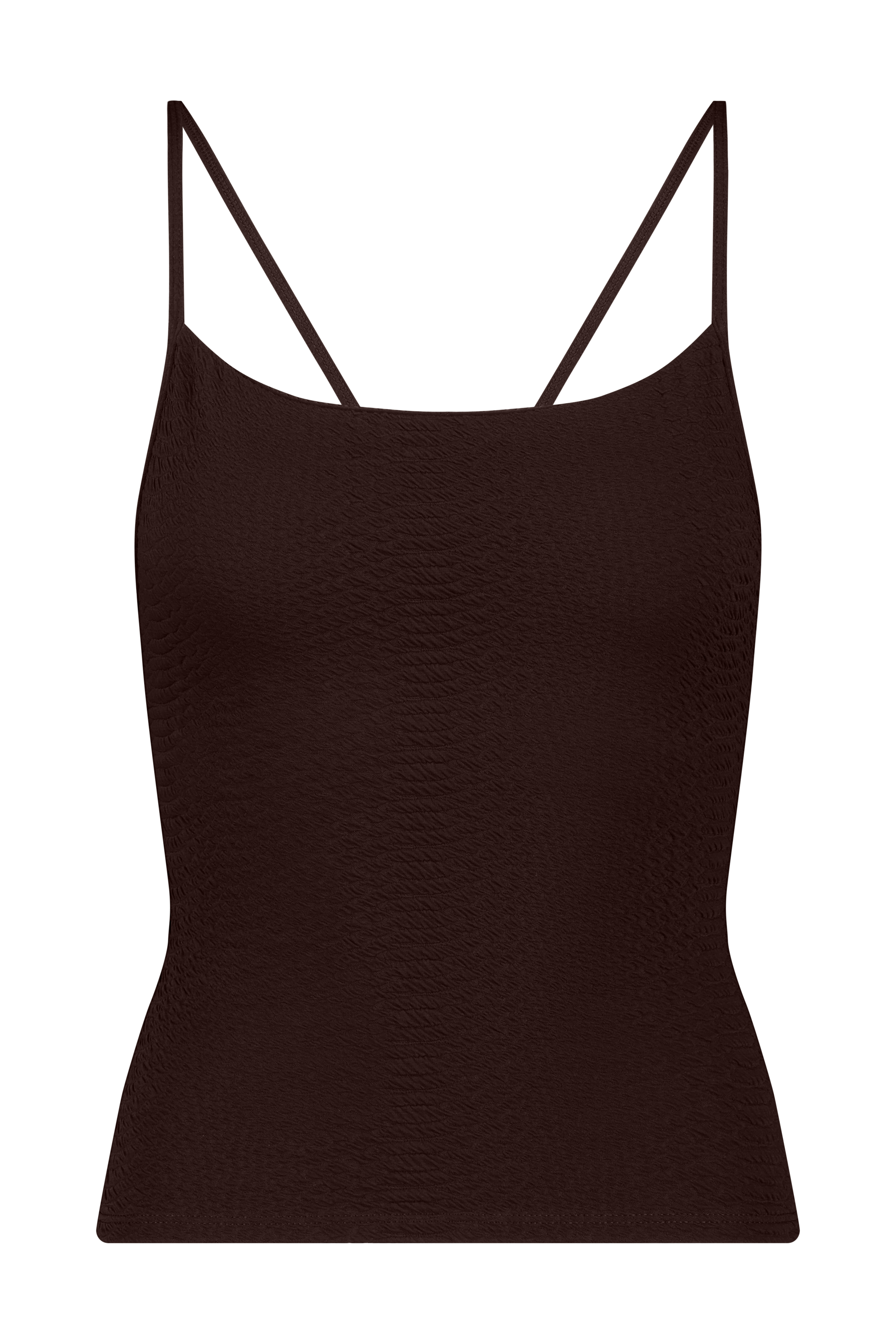 The Lucille Top by Gigi C Sport is a dark brown camisole with thin spaghetti straps. Made from bi-stretch compression fabric, it provides medium support and showcases a subtle textured pattern for added flair.