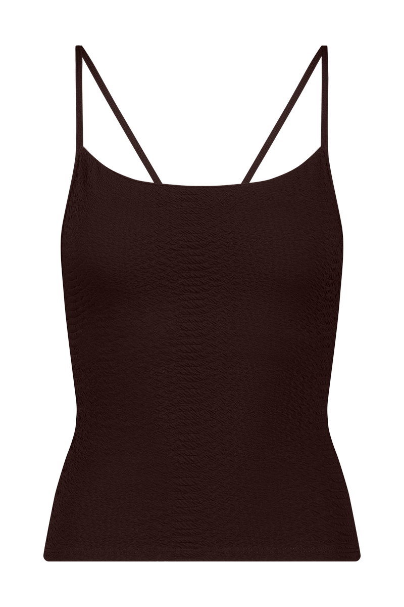 Brown Athletic Tank Top in Textured Faux Snakeskin Fabric, Lucille Top - Chocolate