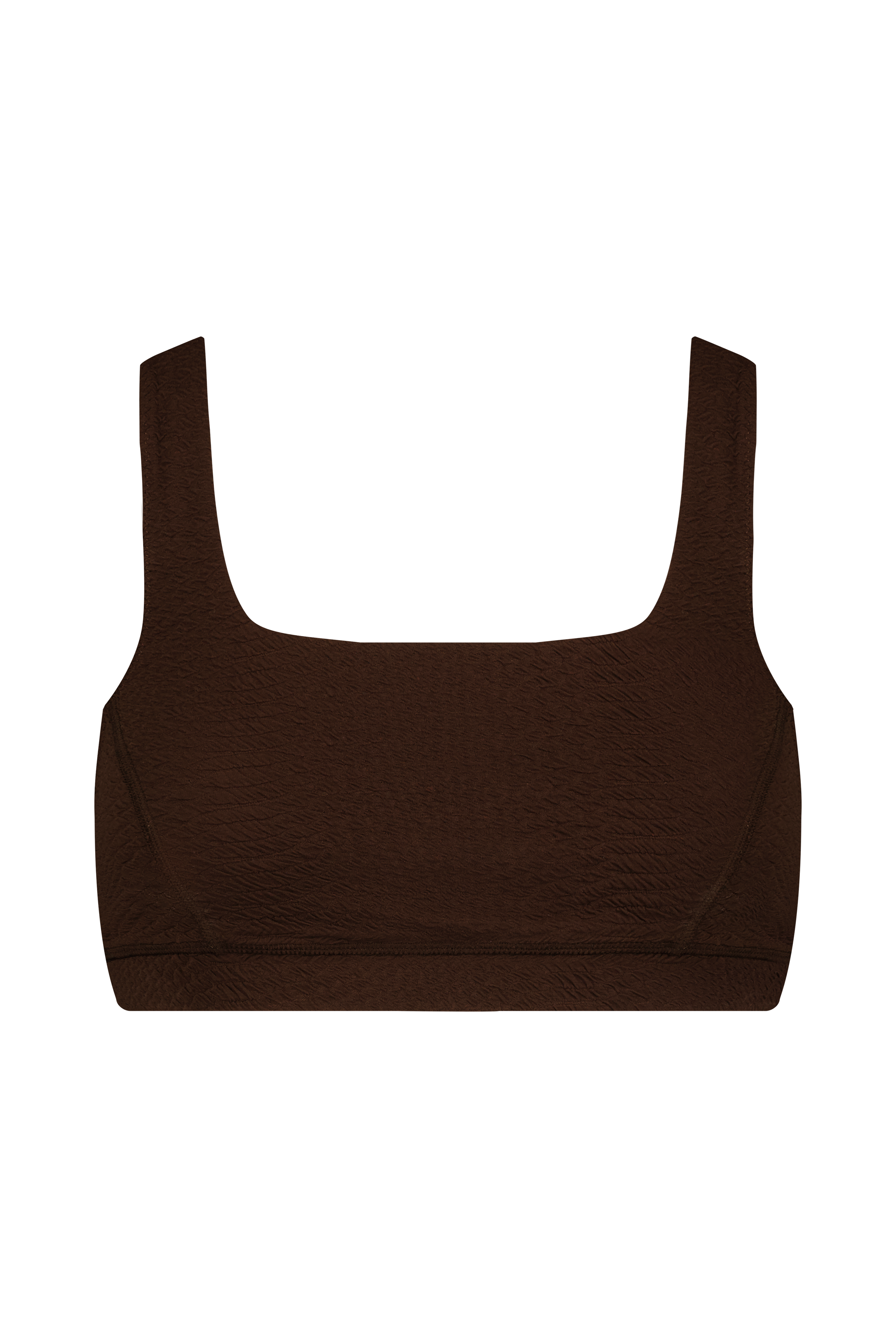 The Wilson Bra by Gigi C Sport is a brown, textured sports bra with wide straps and a shelf bra, featuring a square neckline against a plain black background.