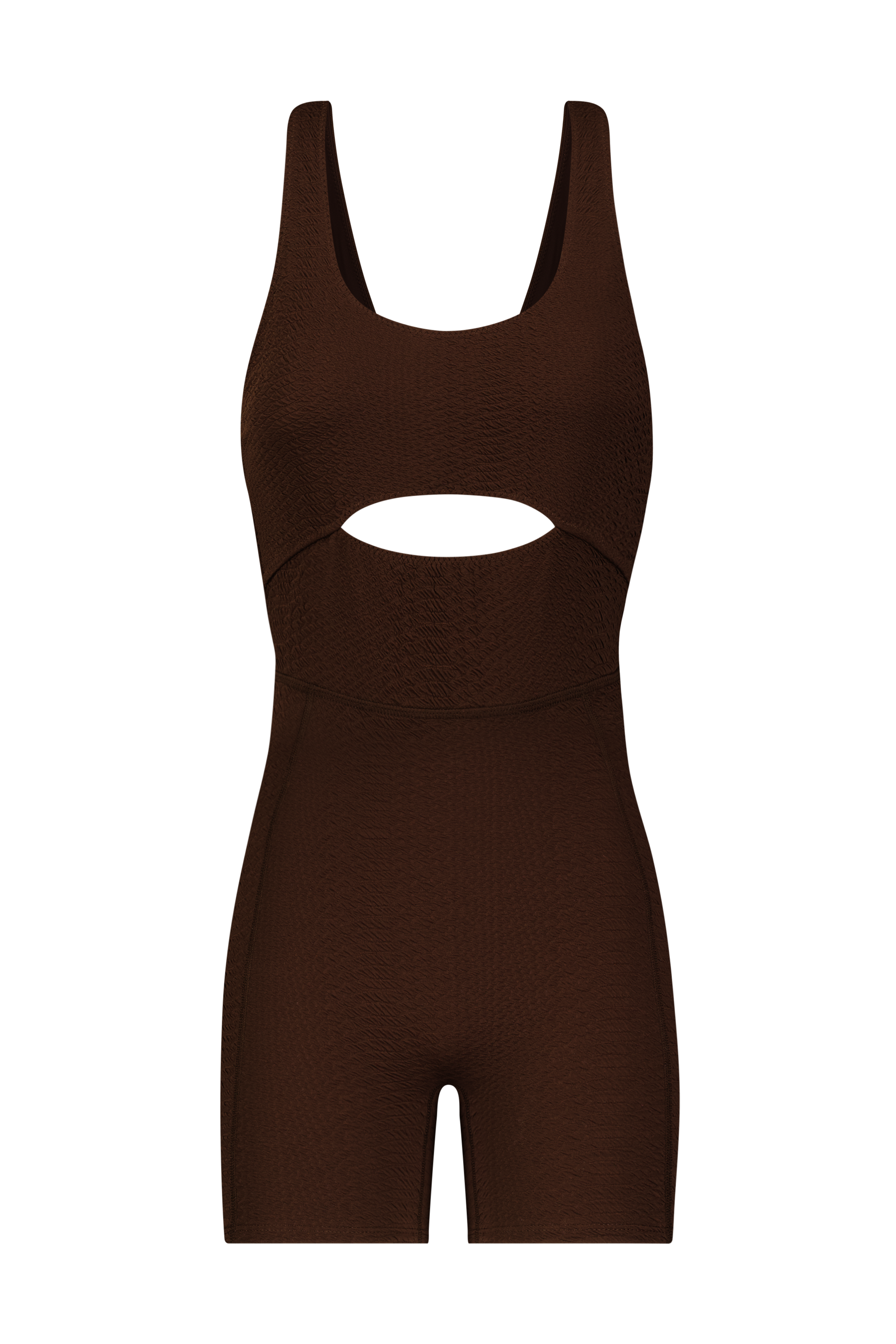 The Sawyer Romper by Gigi C Sport is a brown, sleeveless romper featuring a faux snake fabric with a midriff peek-a-boo front cutout and fitted shorts.