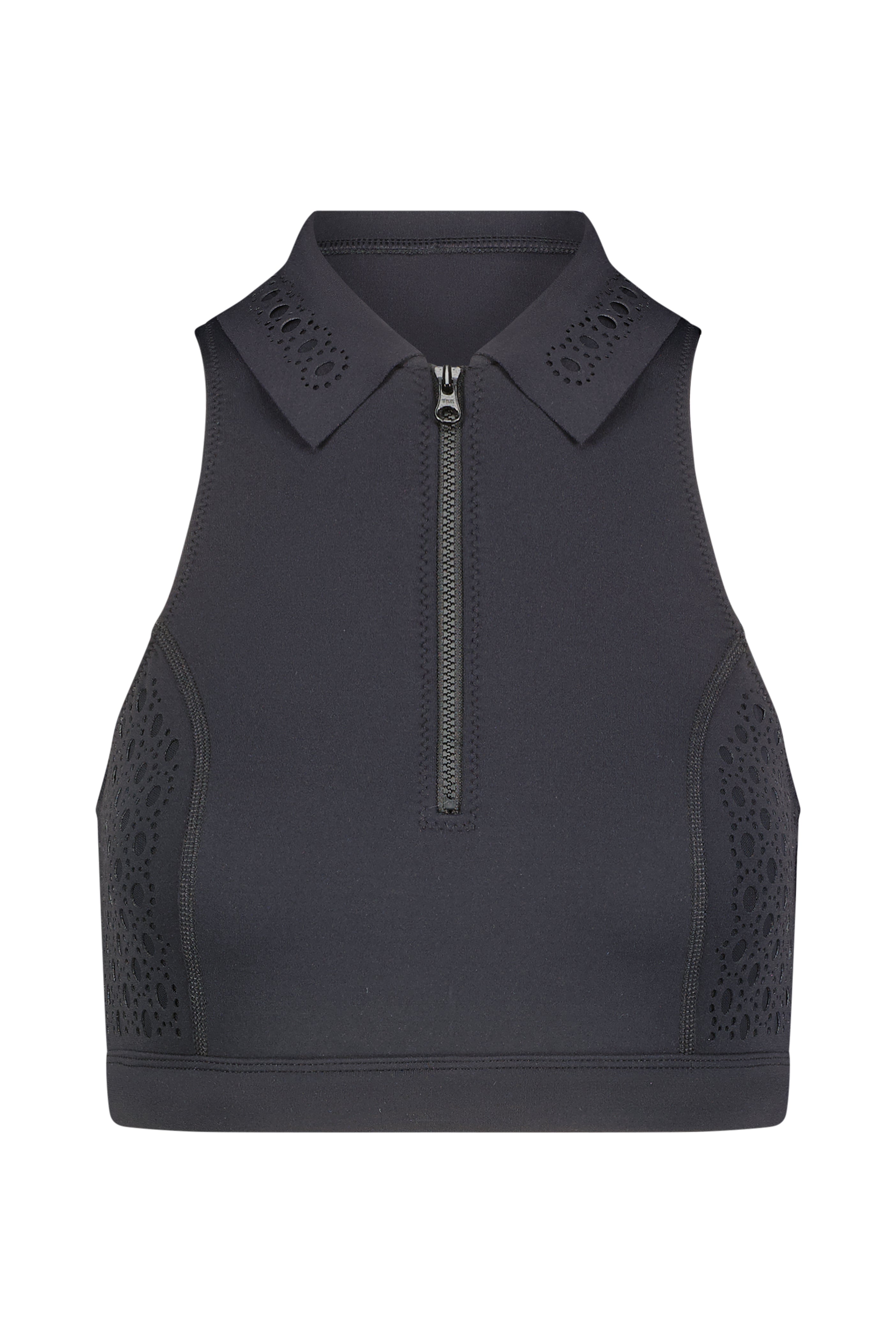 Introducing the Briar Bra Top from Gigi C Sport: a black sleeveless crop top made of ultra-soft stretch fabric, featuring a collared neckline, front zipper, and eyelet detailing on the shoulders and sides for stylish athleisure appeal.