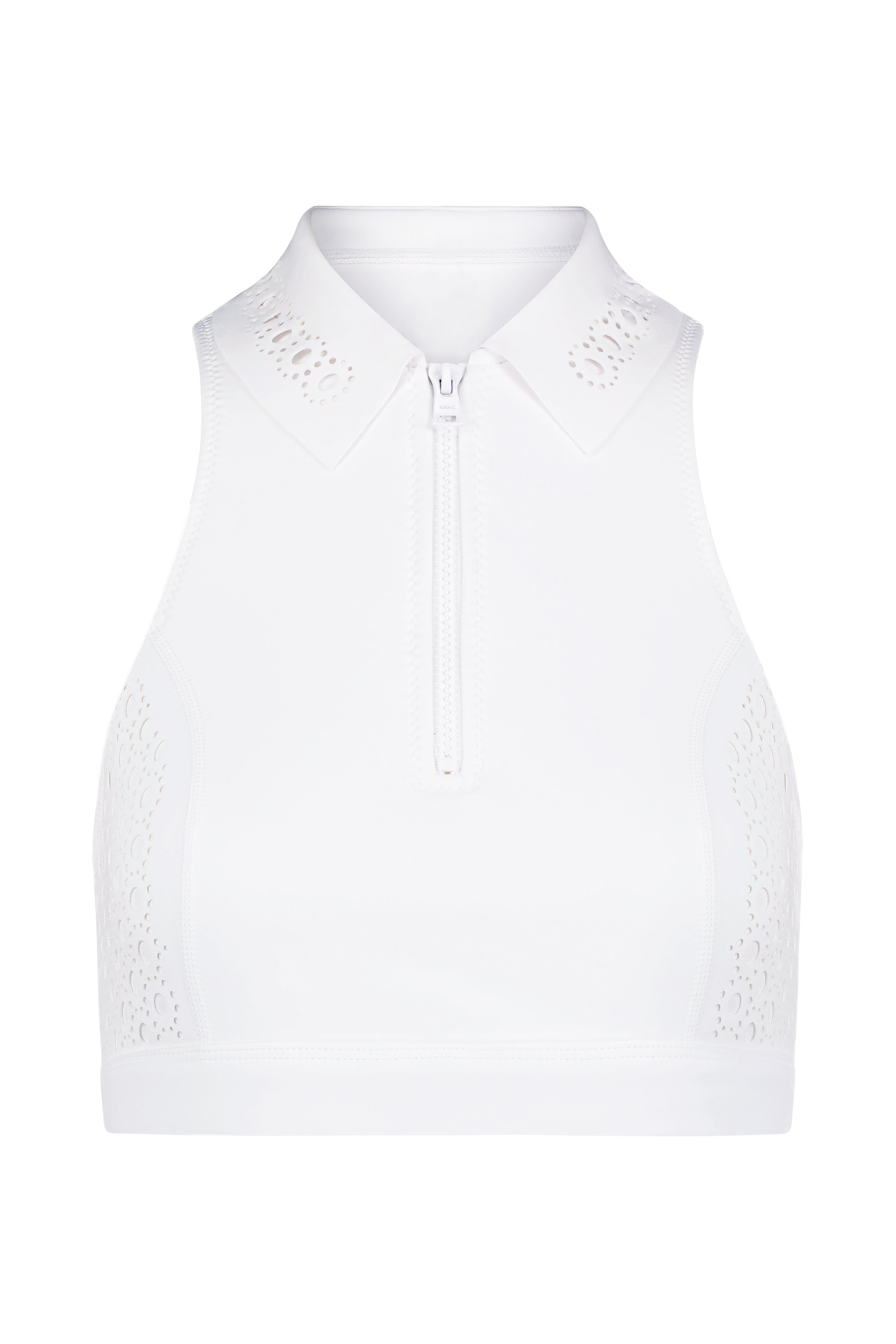 Introducing the Briar Bra Top by Gigi C Sport: a sleeveless white crop top made from sculpting sport fabric, featuring a high collar, front zipper, and elegant lace detailing on the sides, perfect for athleisure wear.