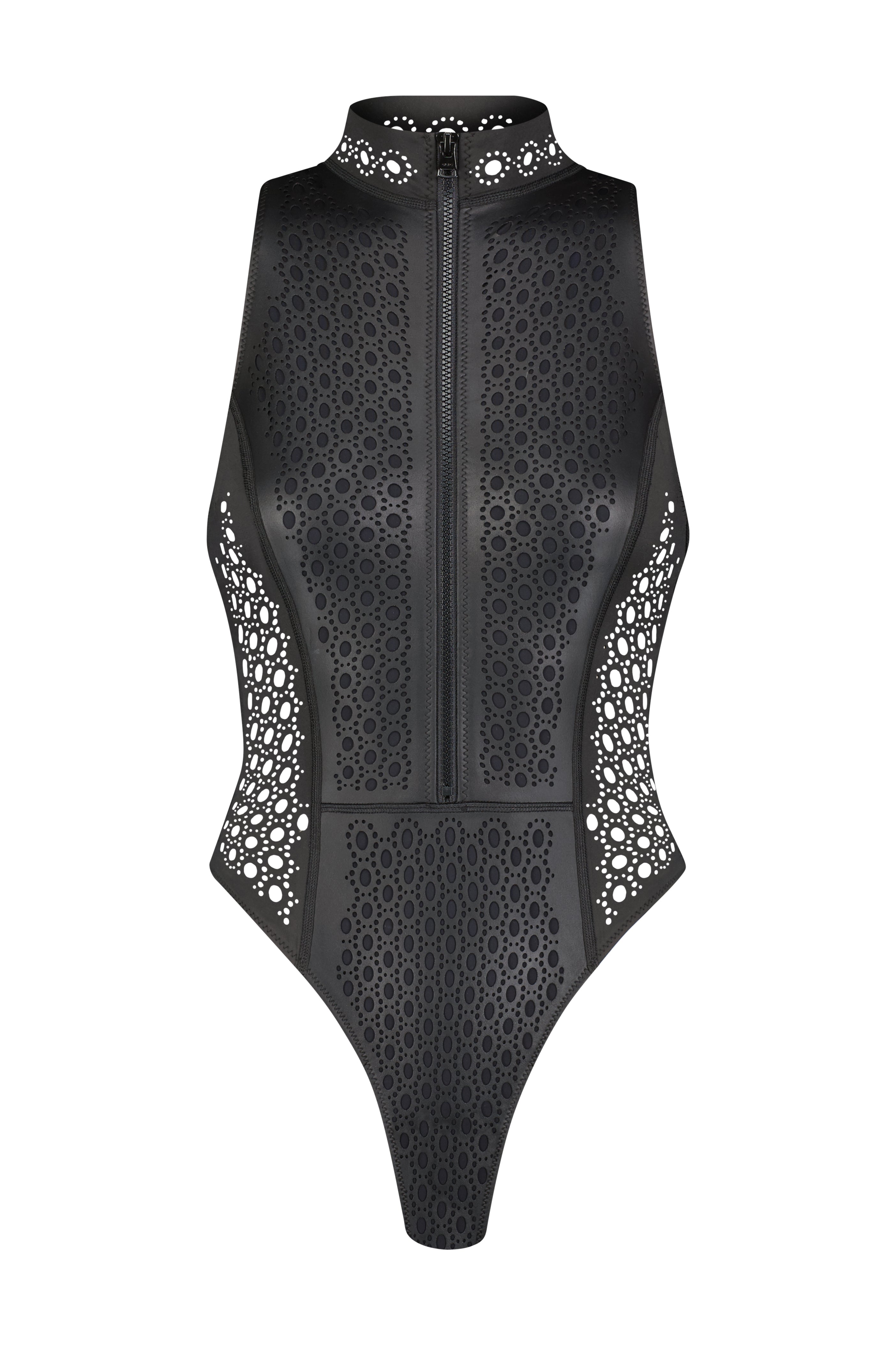 Explore the Brooks One Piece by Gigi C Bikinis: a luxury wax-coated scuba swimsuit featuring a high-neck, sleeveless design with laser-cut patterns, front zip, and mesh-detailed circular cutouts on the sides and collar.