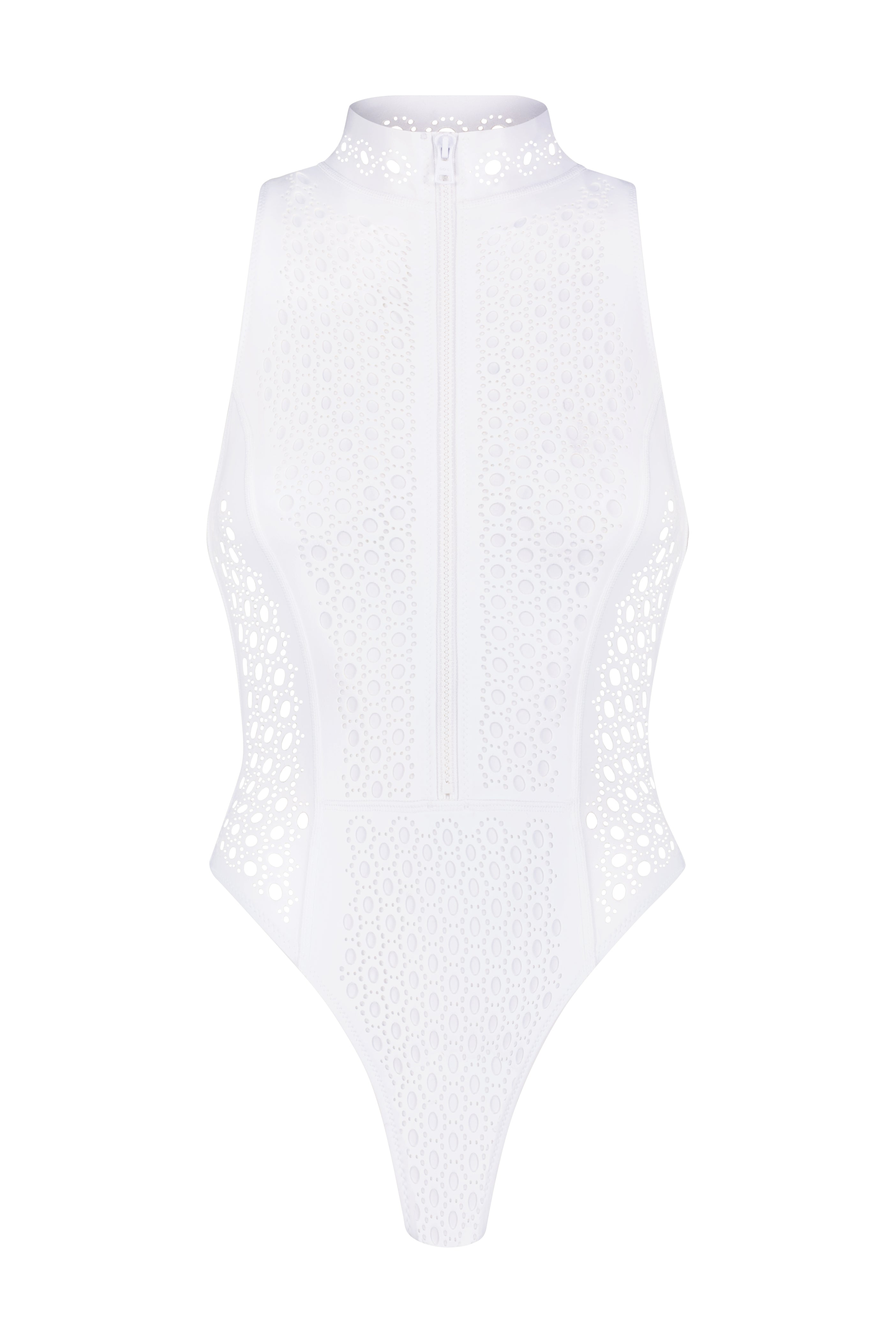 The Brooks One Piece by Gigi C Bikinis is a white sleeveless bodysuit with a high neck and front zipper, crafted from luxury wax-coated scuba fabric. It features intricate cut-out details, blending elegance with modern style.