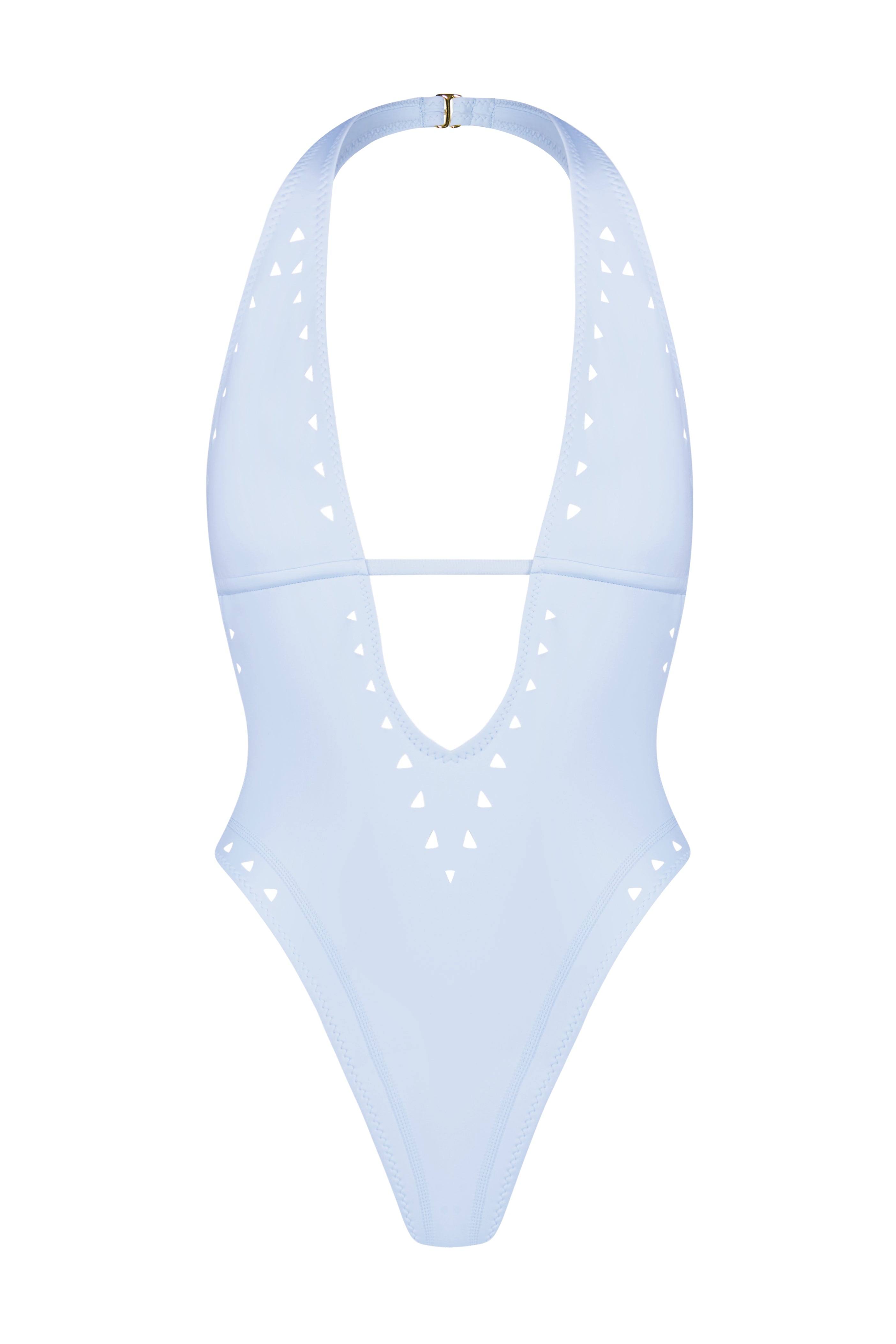 Introducing Gigi C Bikinis Carrie One Piece: a light blue scuba fabric swimsuit with a halter neck, open back, and high-cut leg. It boasts laser cut triangular patterns along the deep V-neckline and sides for added flair.