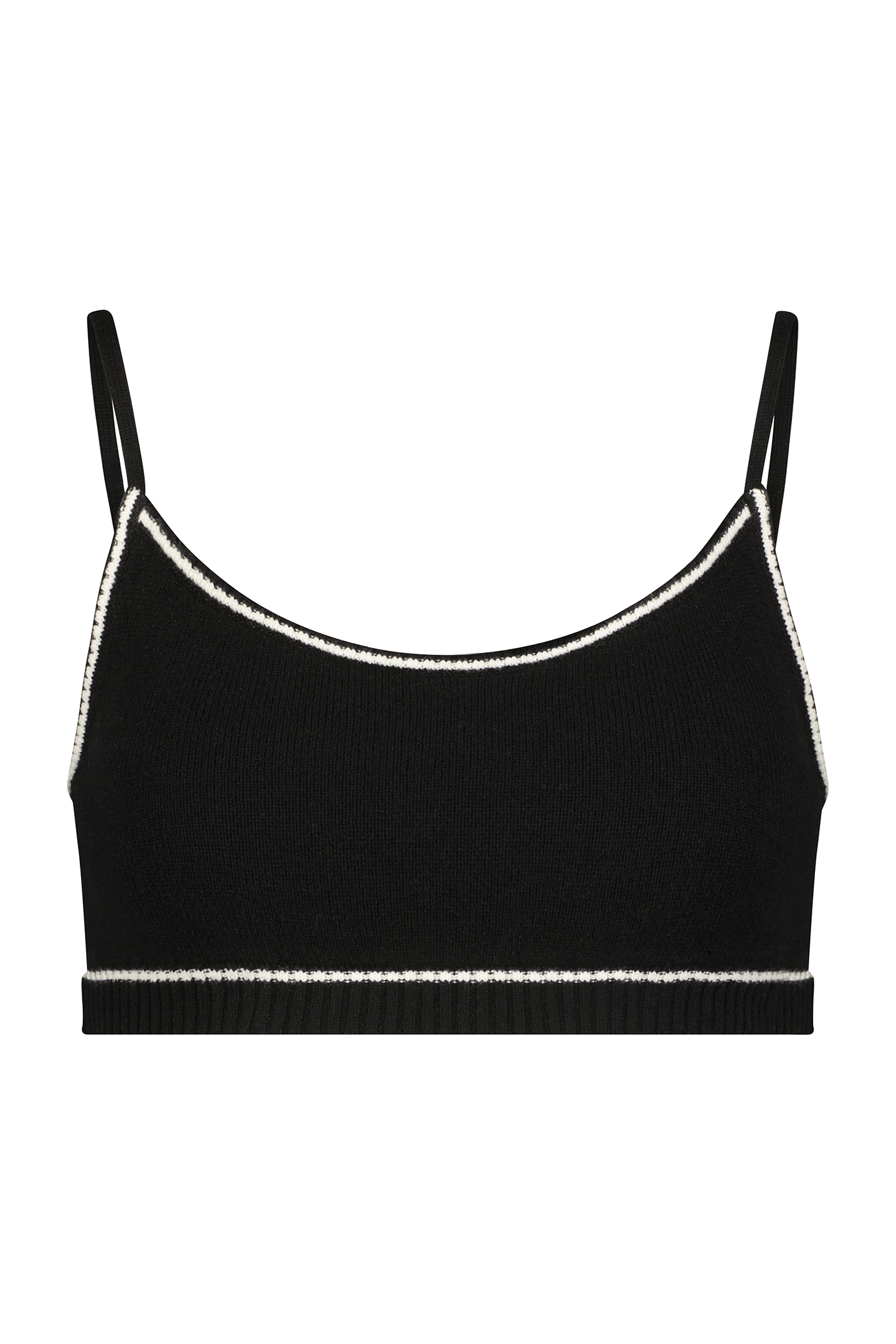 Explore the Danica Bralette by Gigi C Lounge, a black cropped tank top with white trim and spaghetti straps. Made from a plush wool/cashmere blend, it adds elegance and sustainability to your wardrobe.