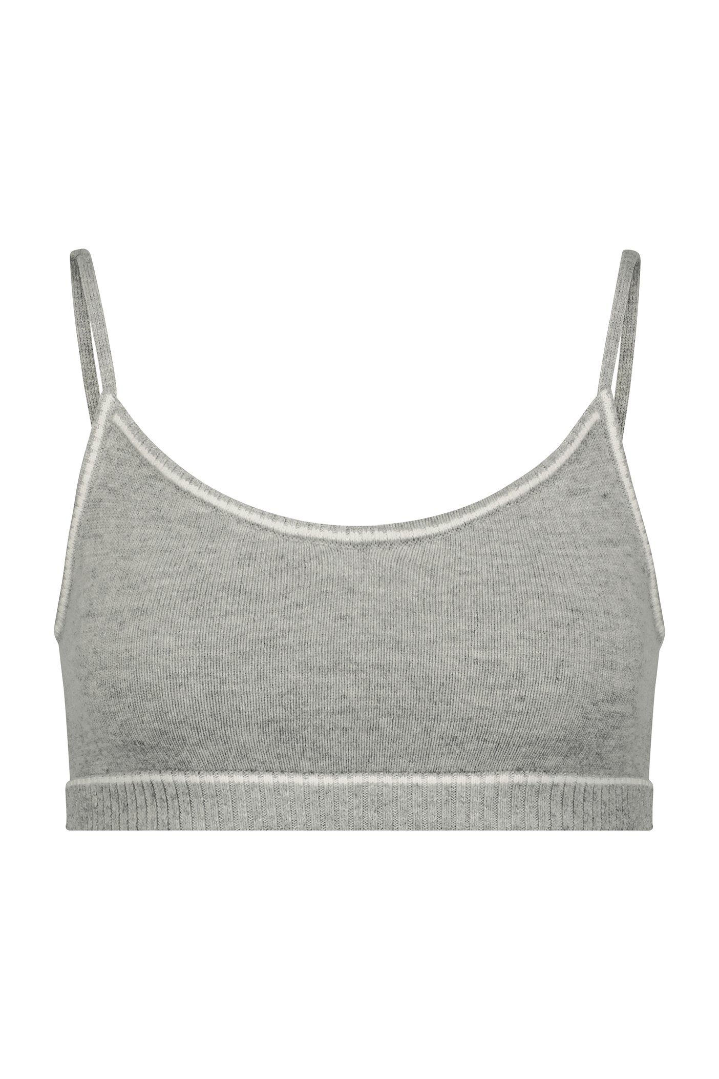 The front view of the Gray Danica Bralette from Gigi C Lounge features thin straps. Made from a luxurious wool cashmere blend, it offers a soft, stretchy feel with a simple design and ribbed hem. Set against a plain white background, it highlights its texture and color, epitomizing elegant luxury loungewear.