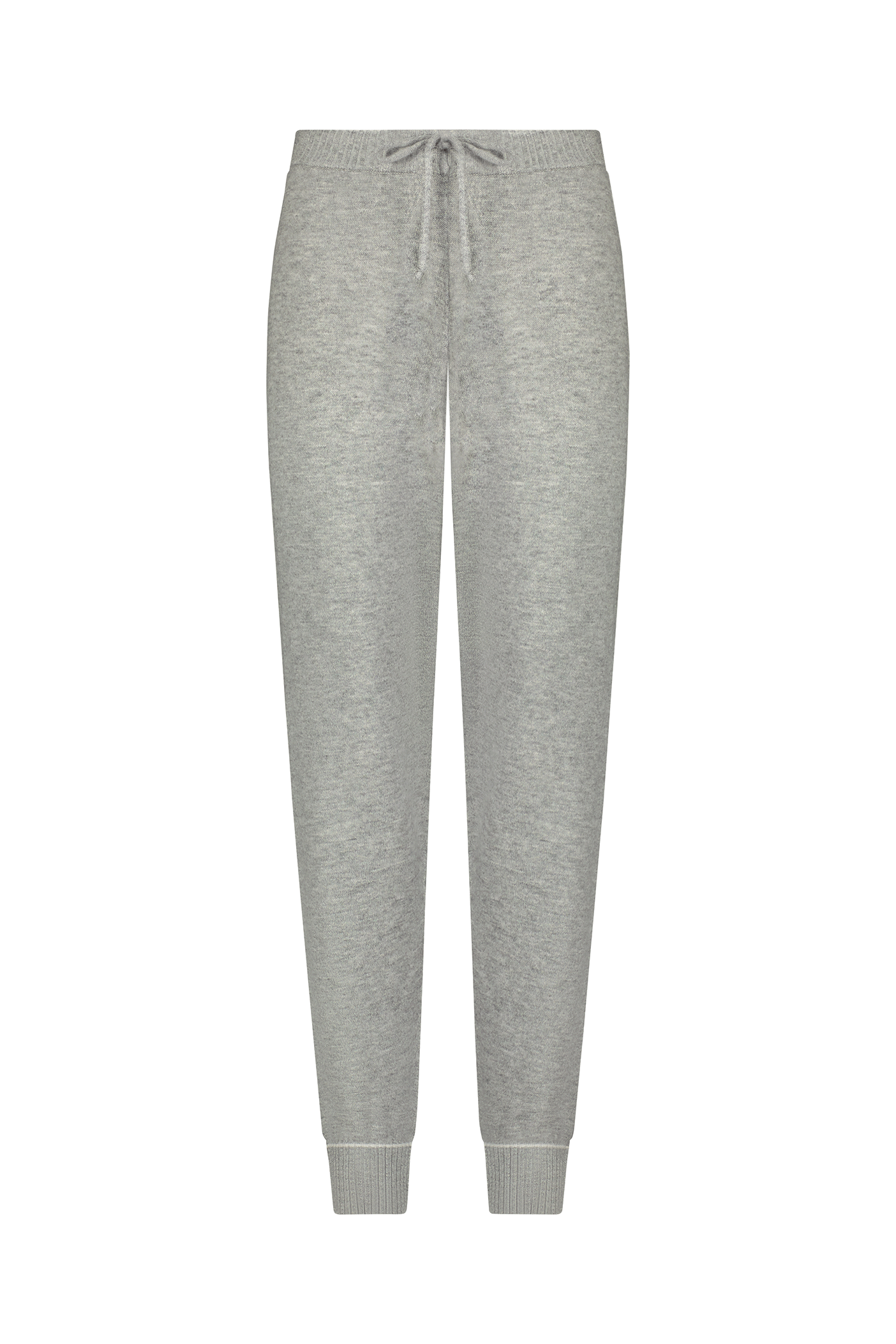 The Gigi C Lounge Alice Jogger, in a luxurious wool/cashmere blend, features gray sweatpants with a drawstring waist and ribbed cuffs, elegantly displayed on a white background.