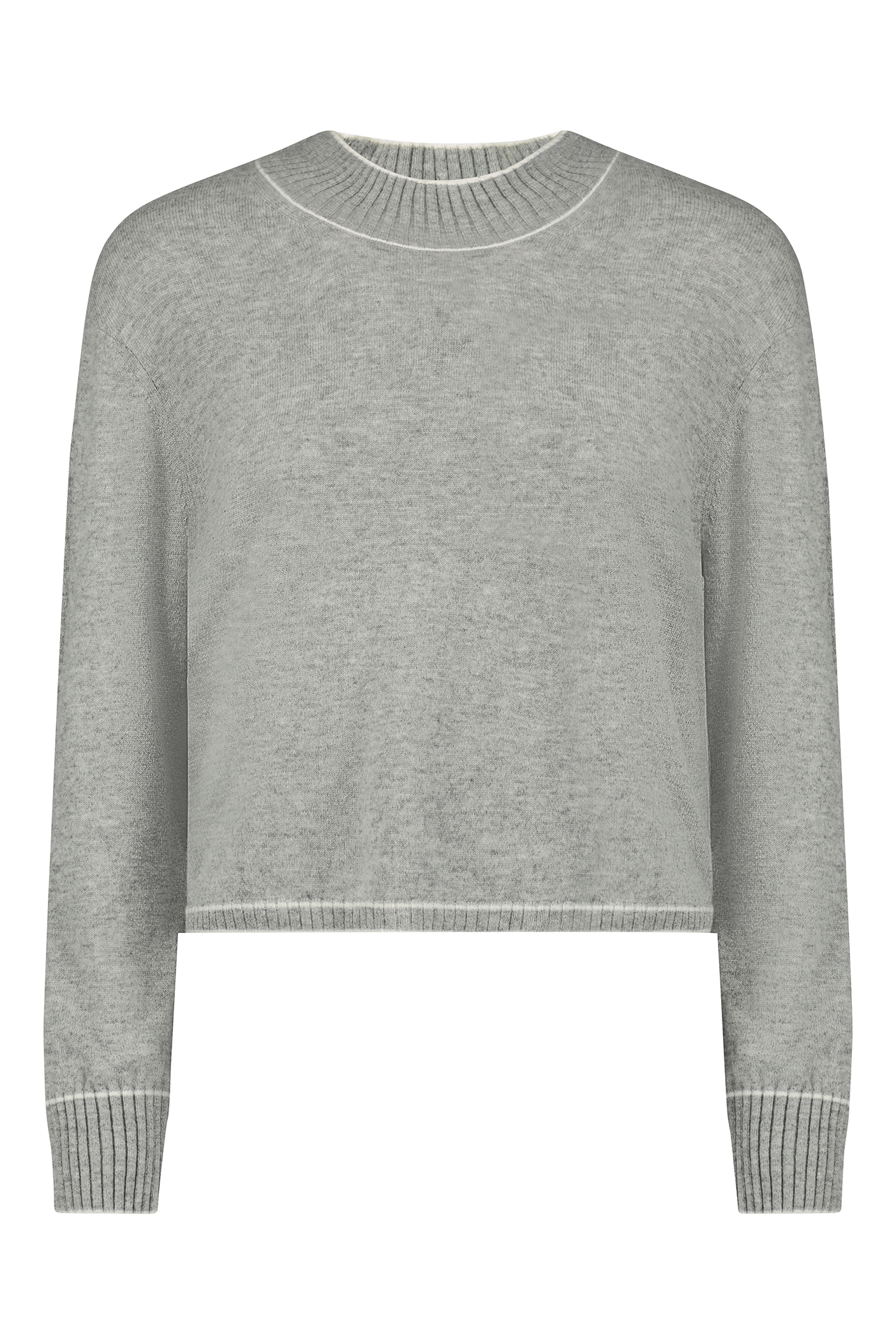 The Jacqueline Pullover by Gigi C Lounge is a gray, long-sleeve sweater made from recycled cashmere. It features ribbed cuffs and neckline, with a straight cut and soft texture for comfort and style.