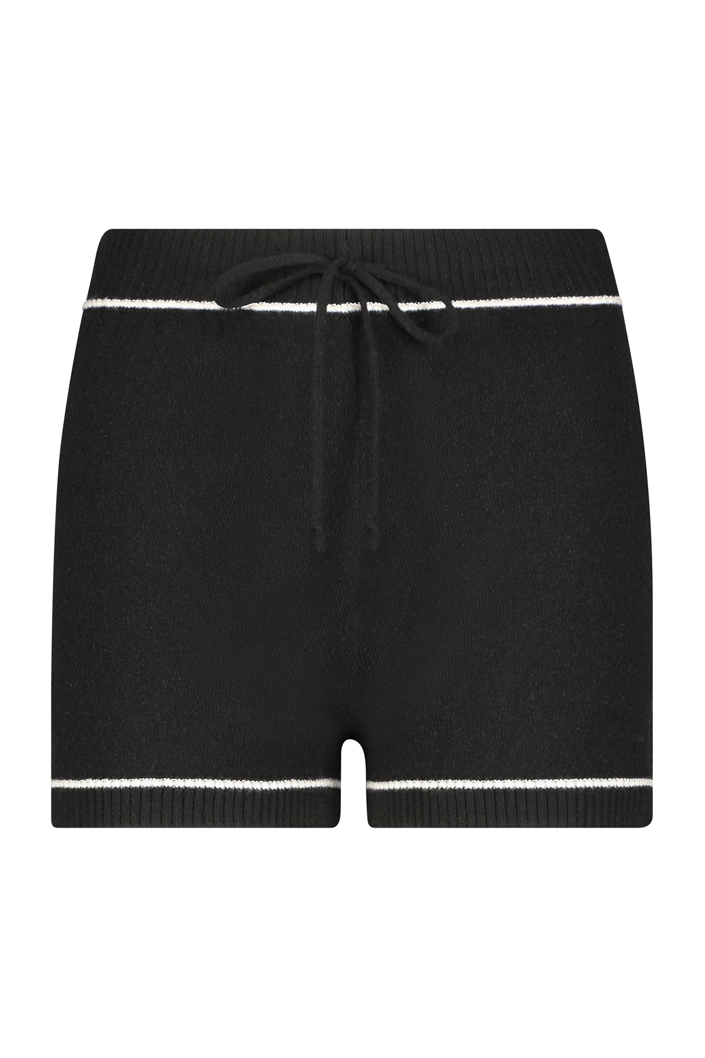 The Danica Short by Gigi C Lounge is crafted from a luxurious wool/cashmere blend, featuring a ribbed waistband with drawstring and accented by white horizontal stripes at the top and bottom edges.