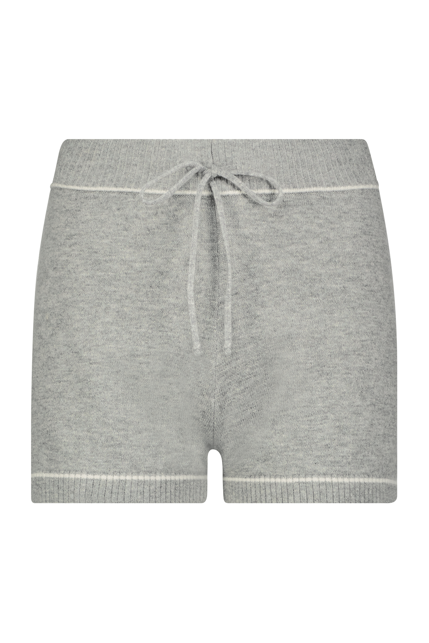 The Danica Short from Gigi C Lounge features an elastic waistband, a front drawstring tie, and ribbed textures at the waistband and leg openings. Crafted from a cozy wool/cashmere blend, this grey knit is perfect for lounging in soft, casual comfort.