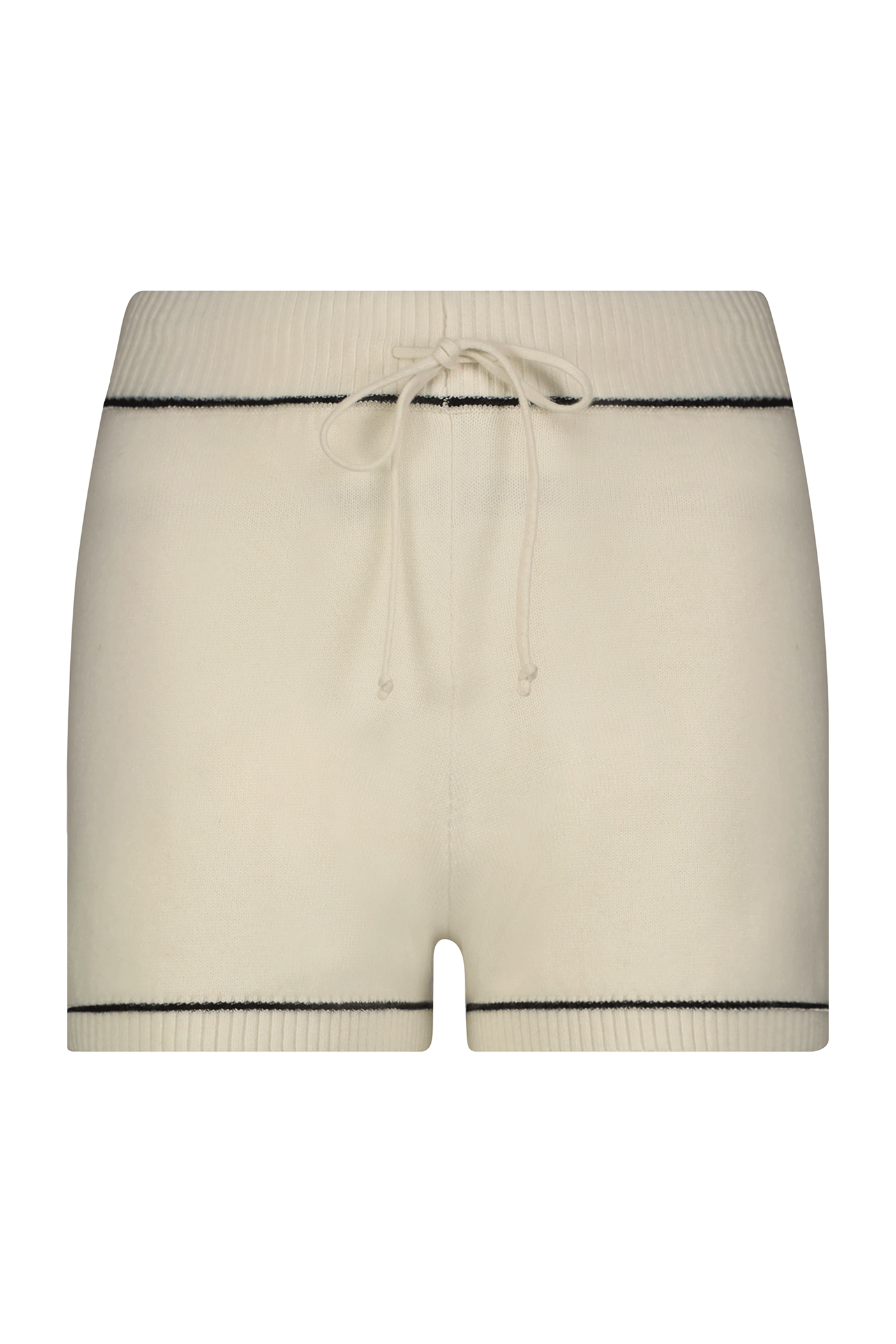 Discover the Danica Short by Gigi C Lounge: a luxurious cream-colored wool/cashmere blend with black trim. Features a ribbed waistband and front drawstring for ultimate comfort and style in your loungewear collection.