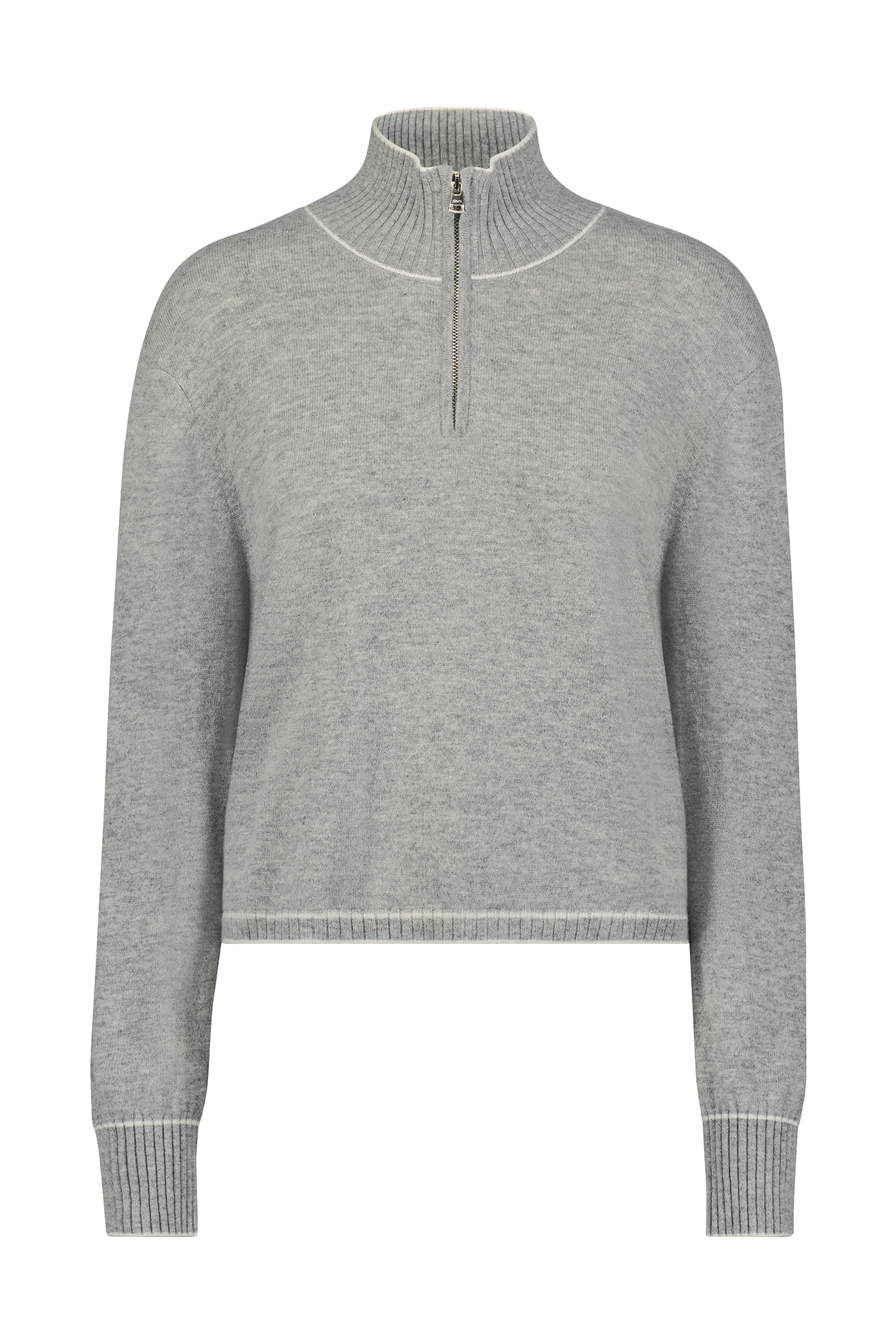 The June Sweater from Gigi C Lounge is a gray, long-sleeve design with a gold half-zipper and stand-up collar. Made from a wool and recycled cashmere blend, it features a knit texture, ribbed hem and cuffs, teardrop cutout details, and offers a casual loose fit.