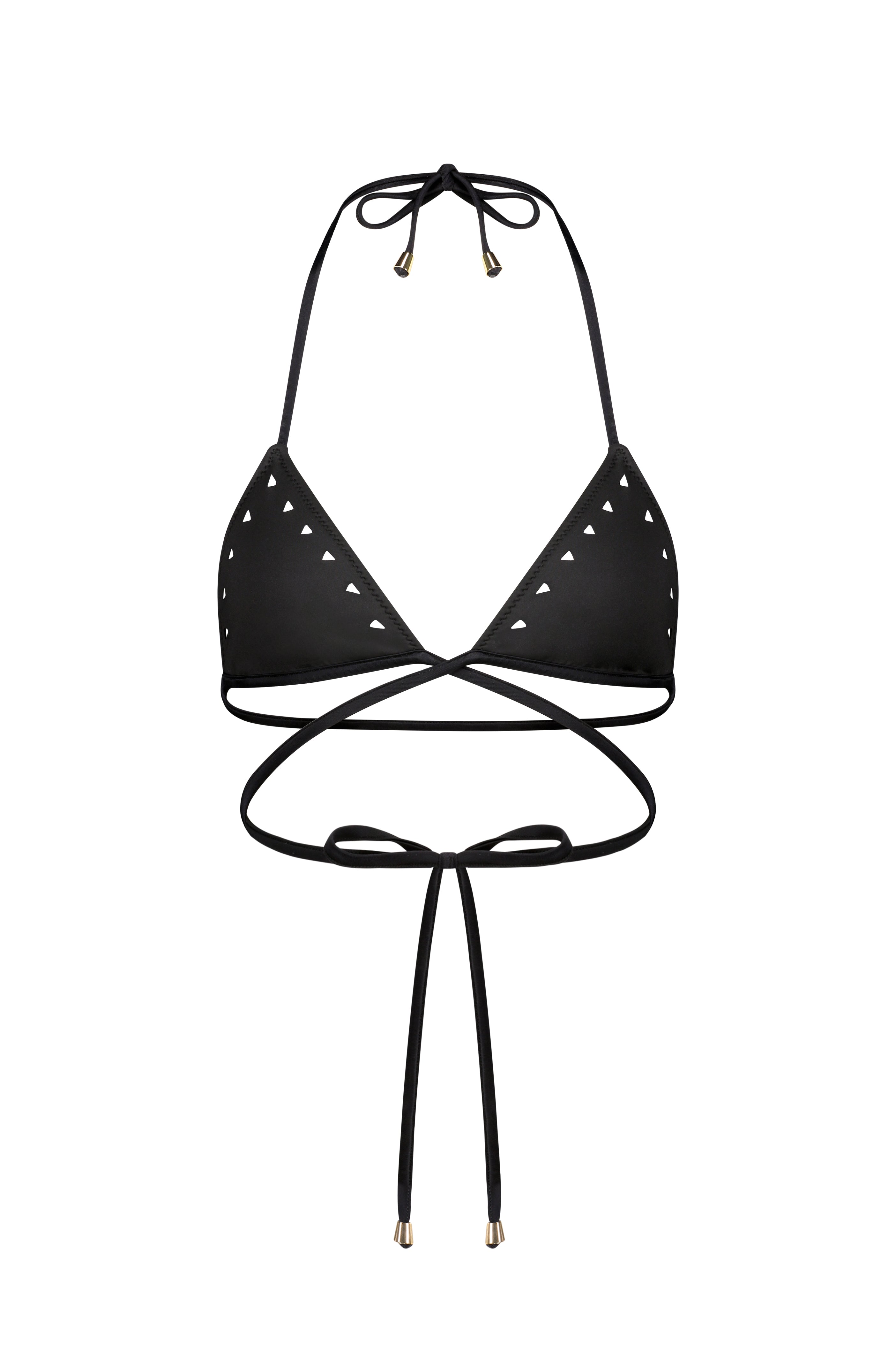 The Christina Triangle Top from Gigi C Bikinis is a black halter neck bikini featuring laser-cut white triangles, long adjustable straps for a crisscross wrap-around style, and metallic accents at the ends.