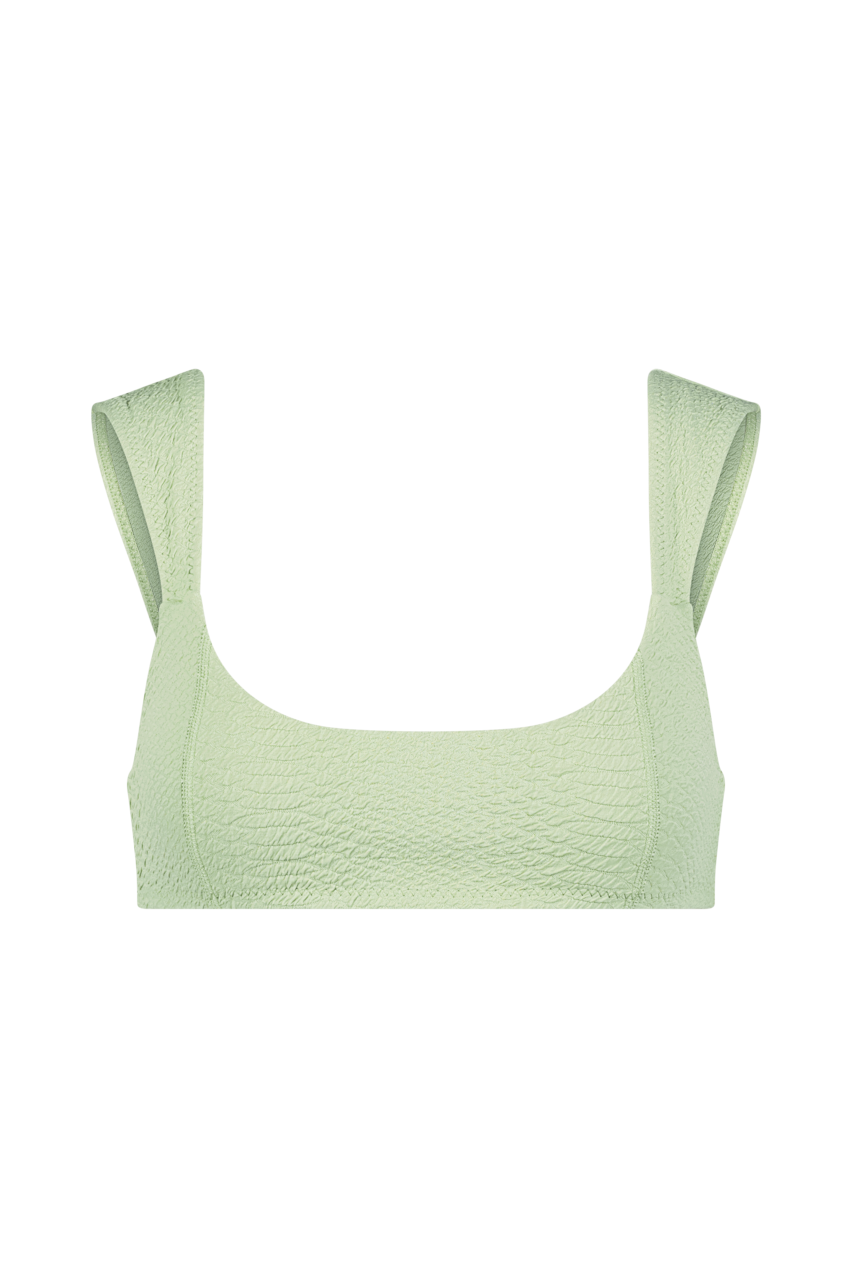 Meet the Dawson Top from Gigi C Bikinis: a light green textured cropped tank with wide straps, a scoop neckline, and removable bust pads. Displayed on black, it adds an edgy flair with its faux snake-inspired design.