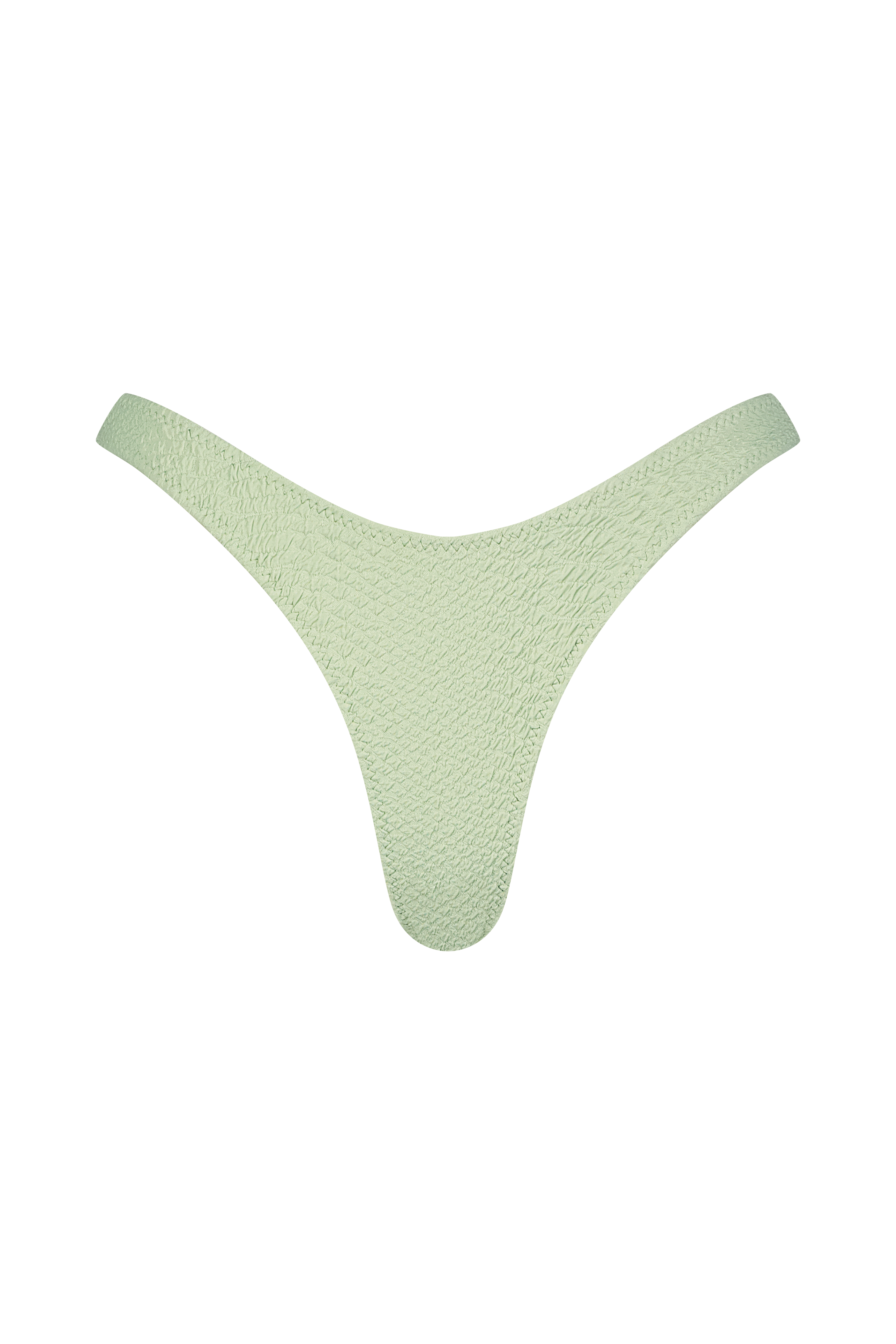 The Eva Bottom by Gigi C Bikinis is a light green, faux snake-textured thong on a black background, with high-cut legs tapering at the waist and offering cheeky bottom coverage.