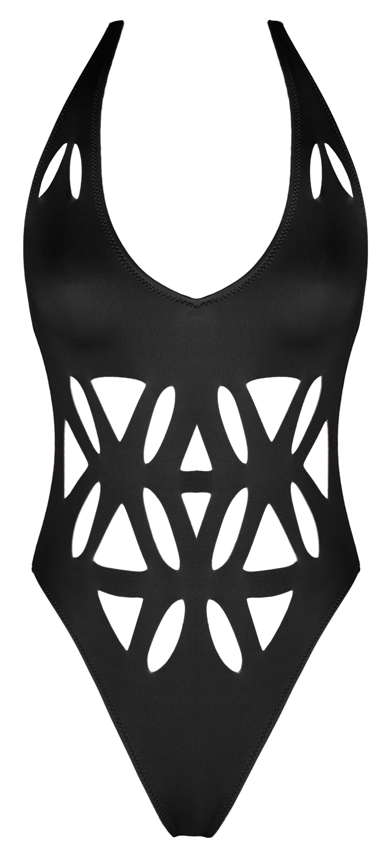 The Gianna One-Piece by Gigi C Bikinis is a black swimsuit featuring chic geometric peekaboo cutouts in circles and triangles. It has a halter neck style with a plunging backline for sophistication.