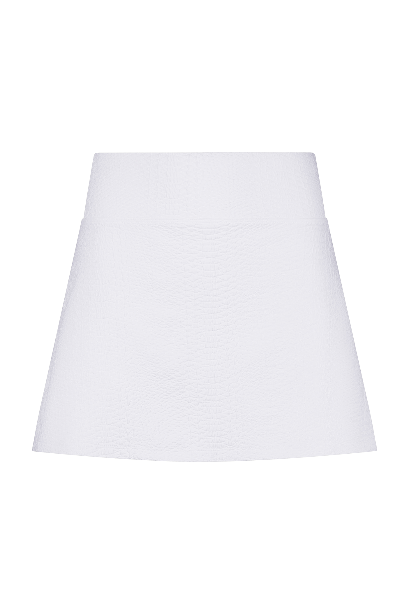 The Heidi Skort by Gigi C Sport is a white A-line skirt made from textured compression waffle fabric. It features a knee-length, high-waist design with a clean, minimalist style free of visible patterns or embellishments.