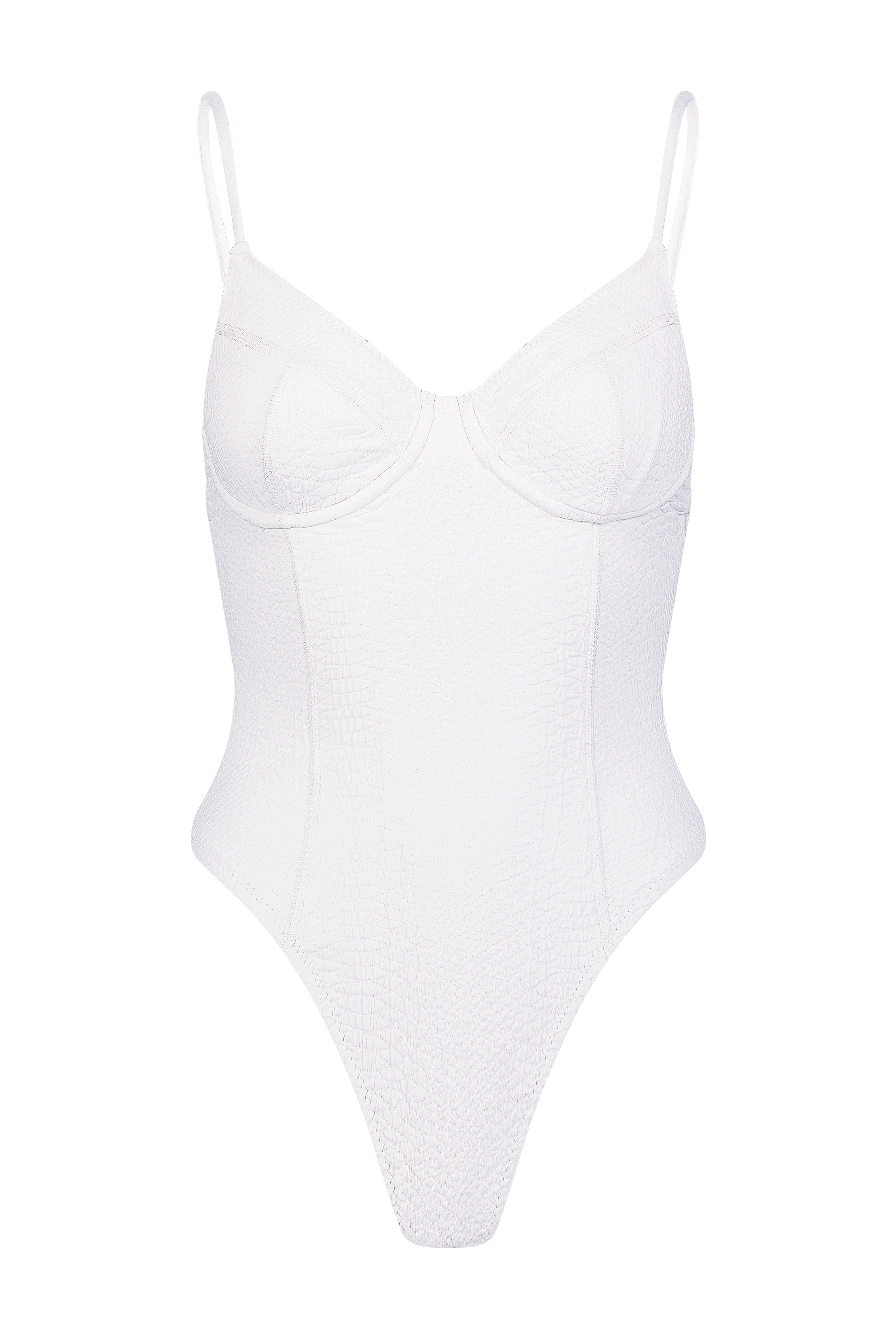 The Holly One Piece by Gigi C Bikinis is a white swimsuit featuring adjustable shoulder straps, underwired cups, and a textured faux snake pattern. It has a high-cut leg design for a sleek silhouette.