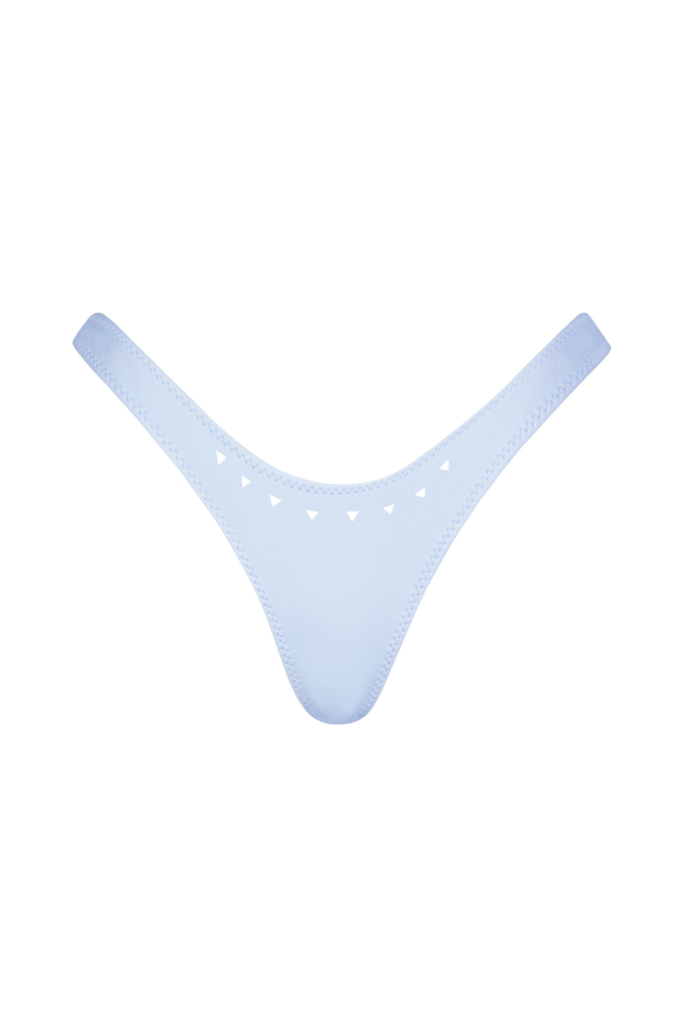 The Jaclyn Bottom by Gigi C Bikinis is a light blue scuba fabric thong with minimalist design and laser-cut small white triangles on the front.