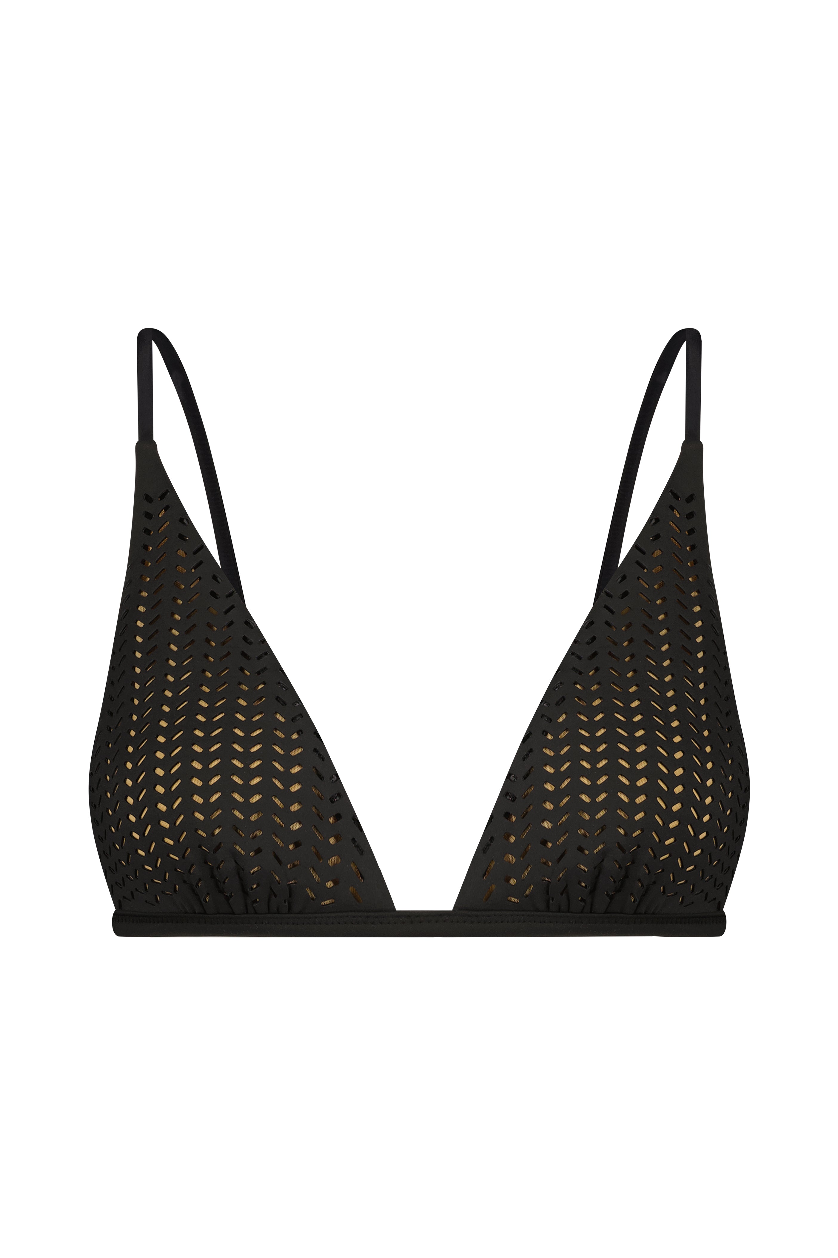 The Jamie Top by Gigi C Bikinis is a black, textured bikini top with a triangular bra design and thin straps, crafted in Chevron Scuba fabric. It features a chic lace-inspired pattern with subtle repeating holes, ideal for updating your spring wardrobe. Displayed on a plain white background.